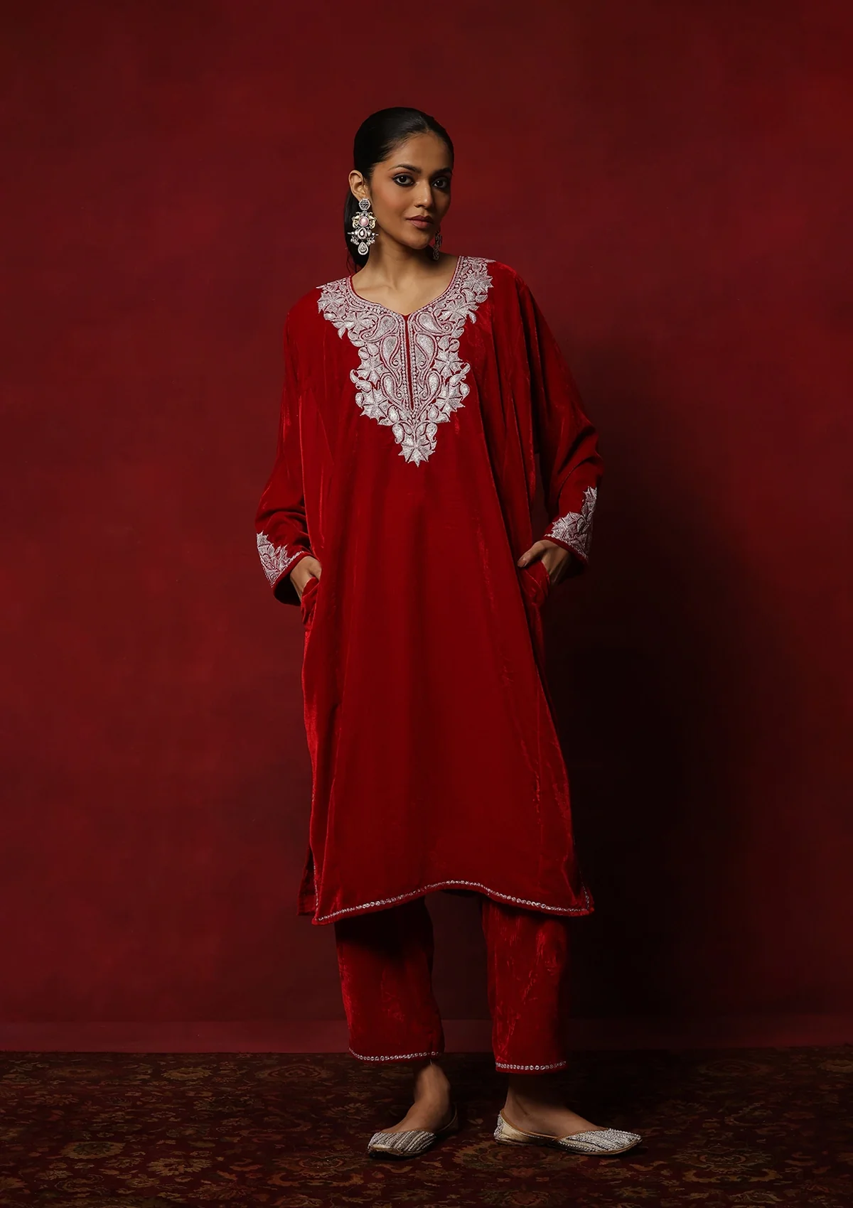 HOC Kashmiri Velvet Tilla Embroidered Solid Women's 2 PC Phiran Set -Red - Healthber