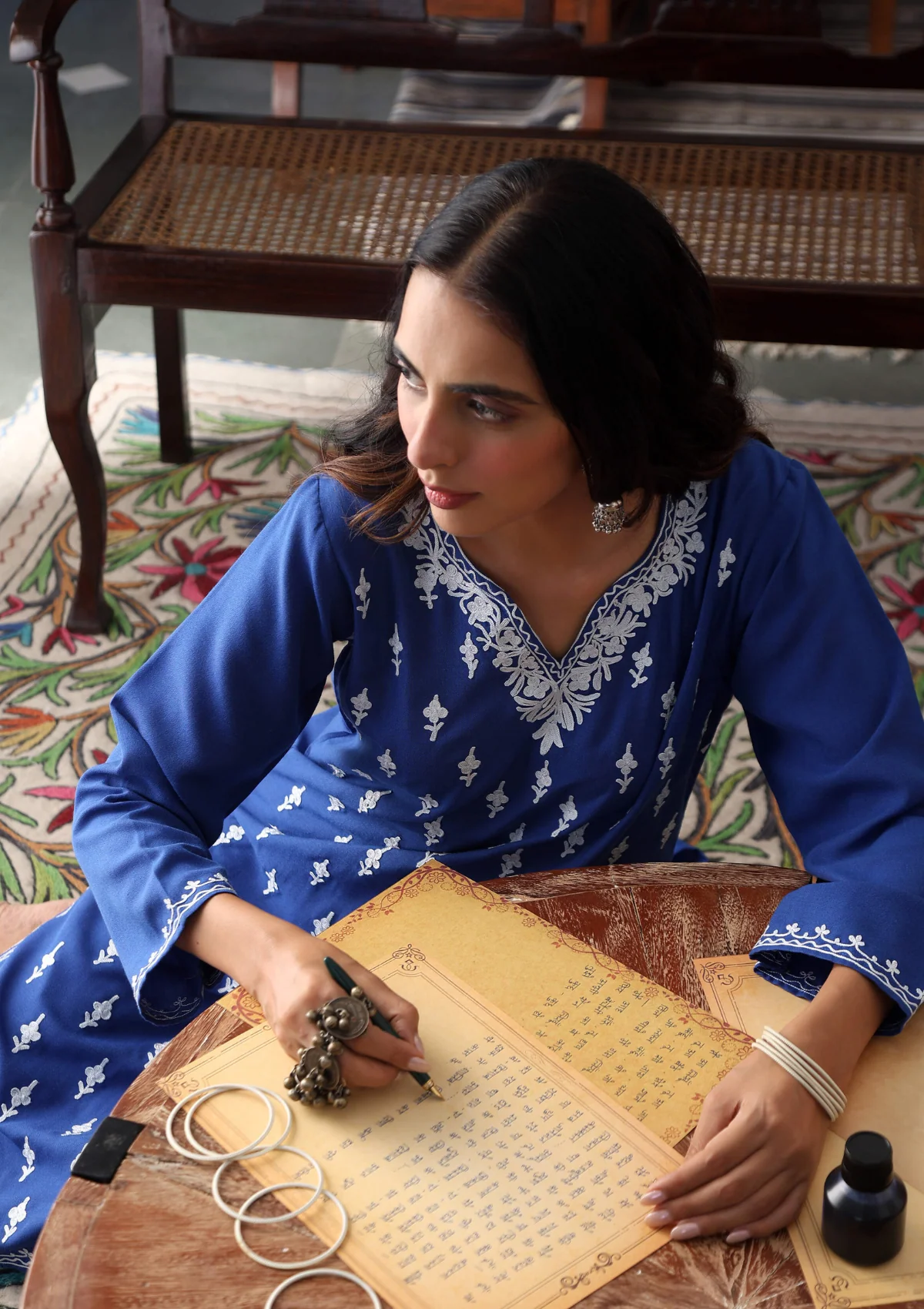 HOC Aari Embroidered Cotton Solid Women's Long Kurta - Blue - Healthber