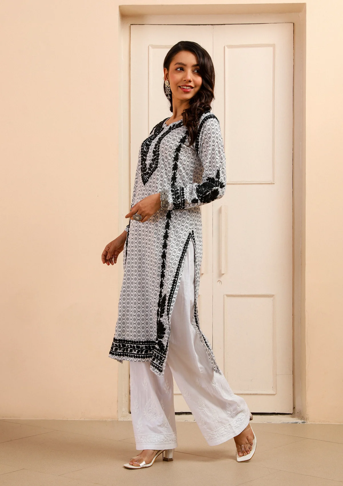 HOC Mulmul Chikankari Printed Women's Kurta - White - Healthber