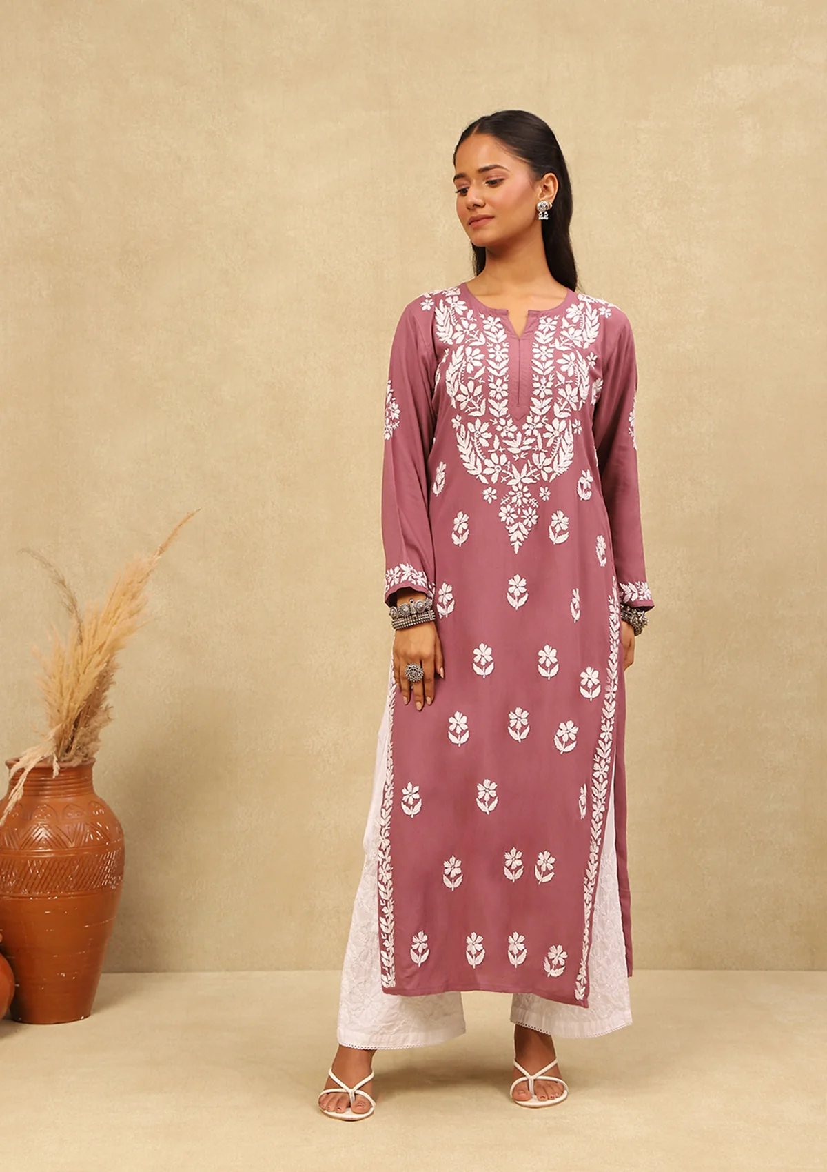 HOC Rayon Chikankari Solid Women's Long Kurta - Purple - Healthber