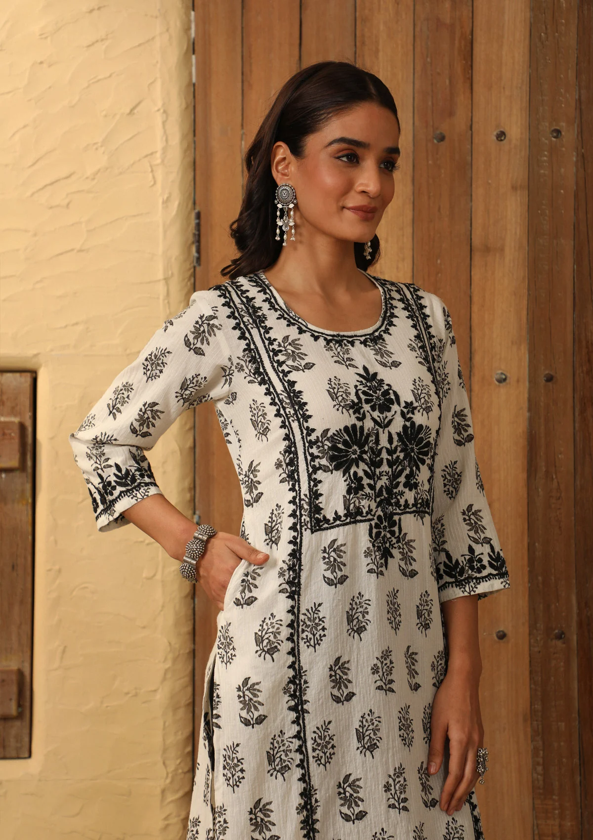 HOC Cotton Chikankari Printed Women's Long Kurta - White - Healthber