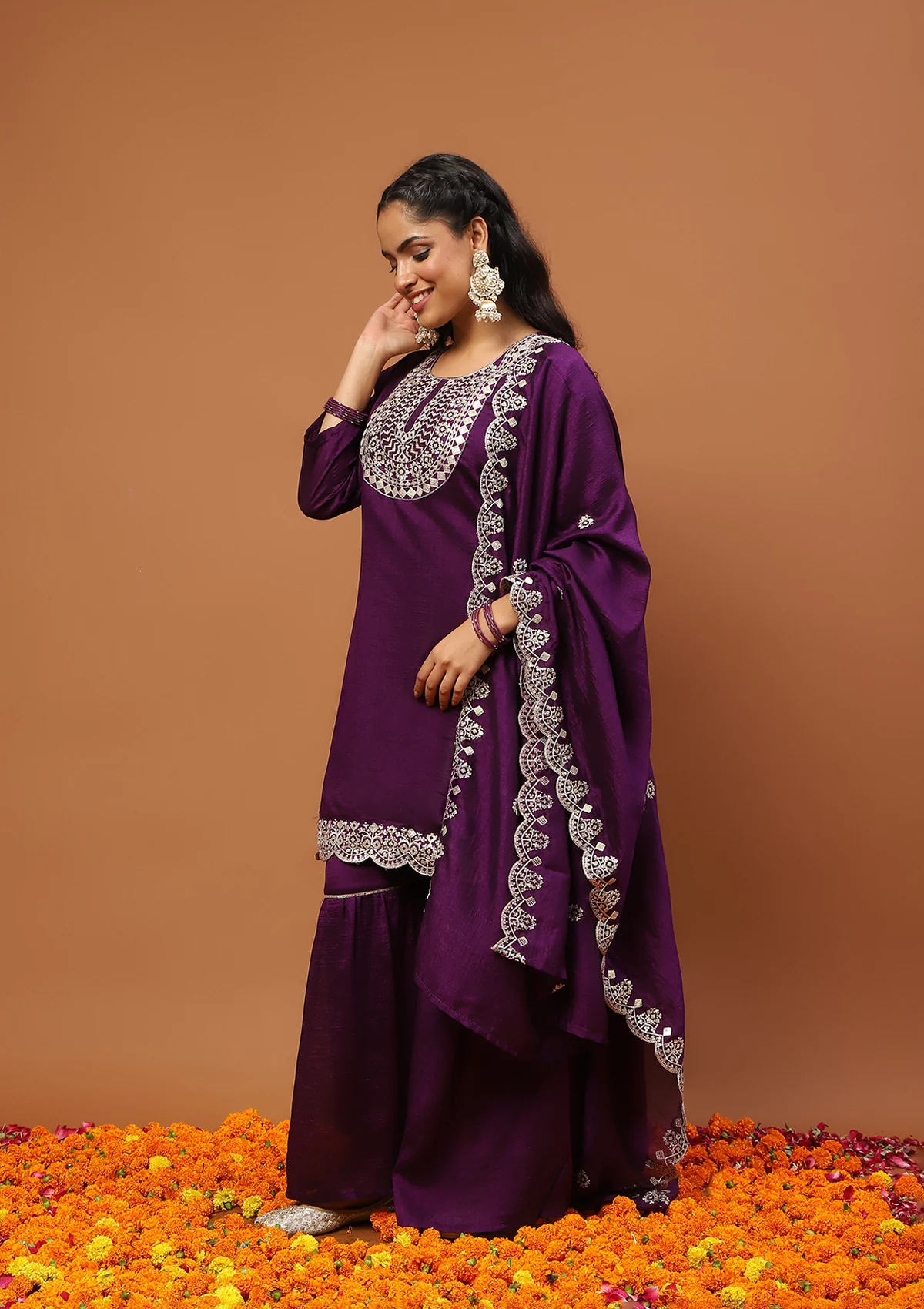 HOC Silk Blend Embroidered With Sequins Solid Women's 3 PC Gharara Kurta Set-Purple - Healthber