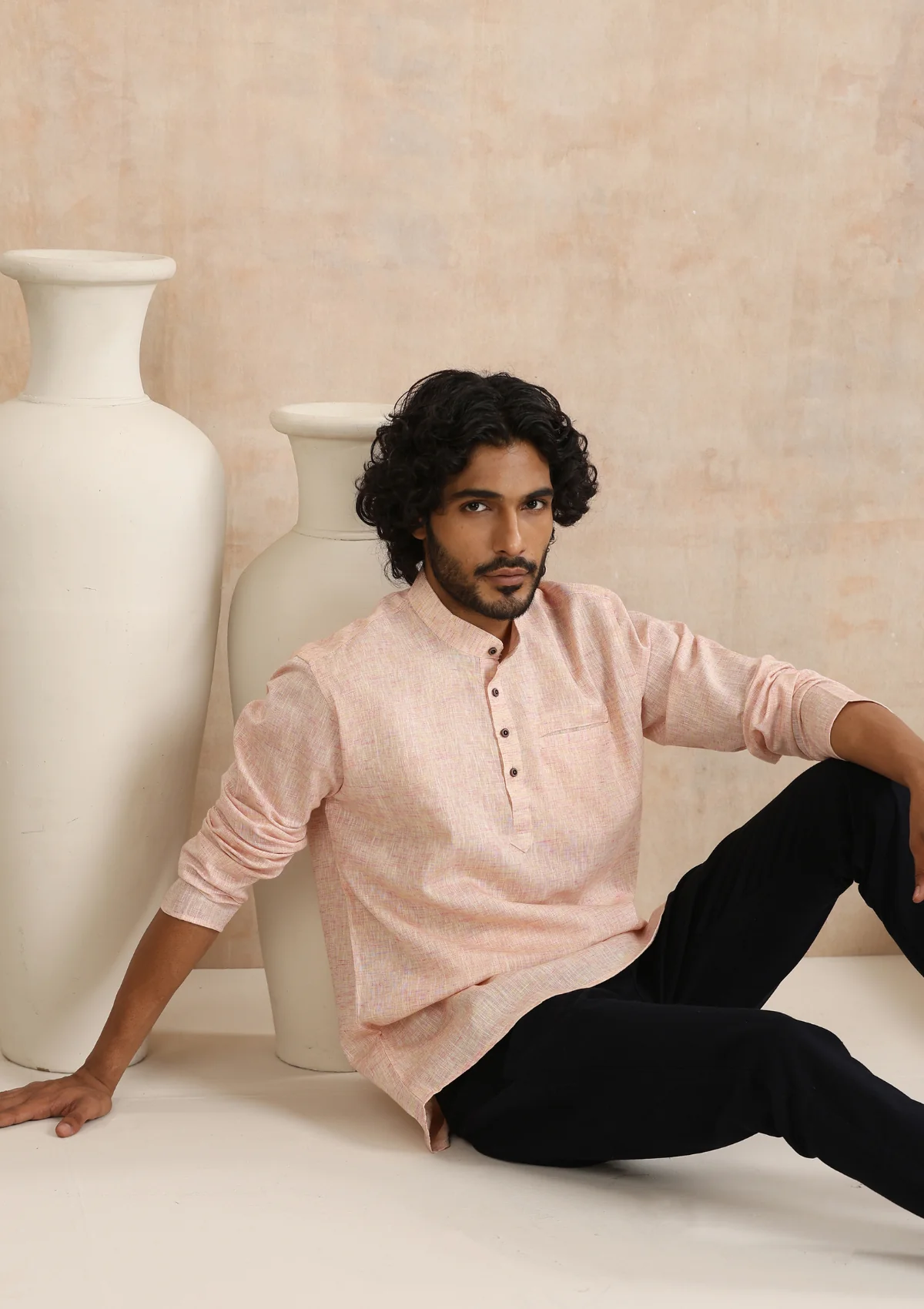 HOC Poly Cotton Solid Men's Short Kurta - Pink - Healthber