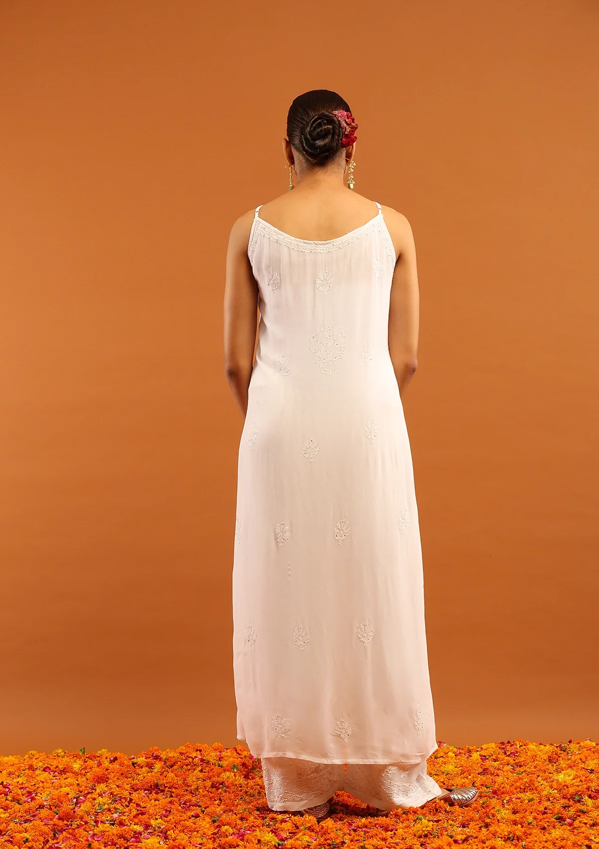 HOC Viscose Georgette Chikankari Mukaish & Kamdani Solid Women's 3 PC Long Kurta Set-White - Healthber