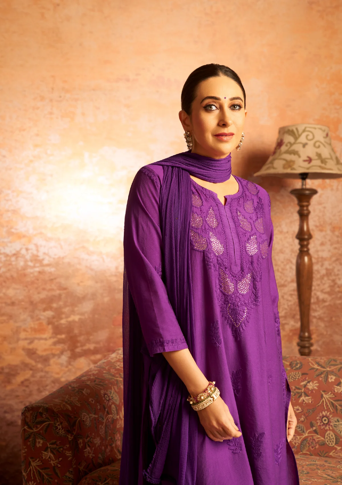 Karisma Chanderi Chikankari with Mukaish Solid Women's 2 PC Long Kurta Set- Purple - Healthber