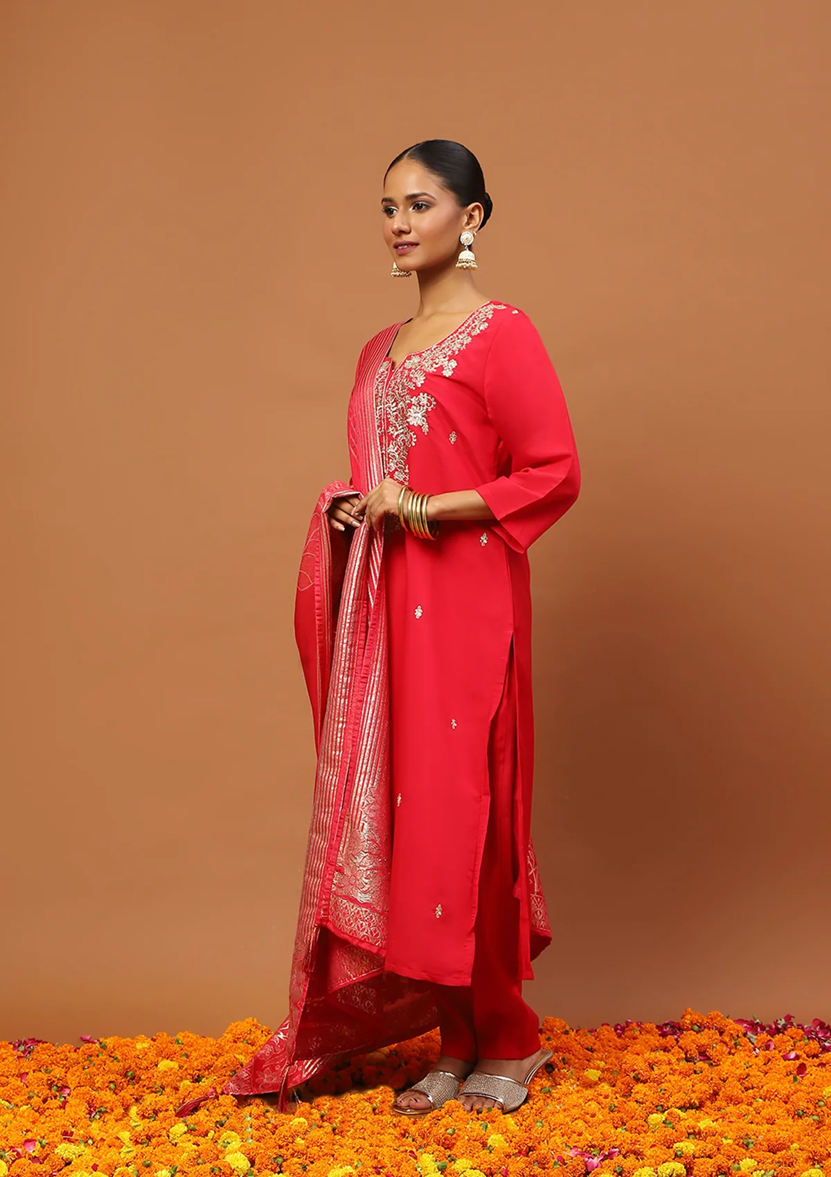HOC Silk Blend Zari Embroidered With Sequins Solid Women's 3 PC Straight Kurta Set-Rose Pink - Healthber