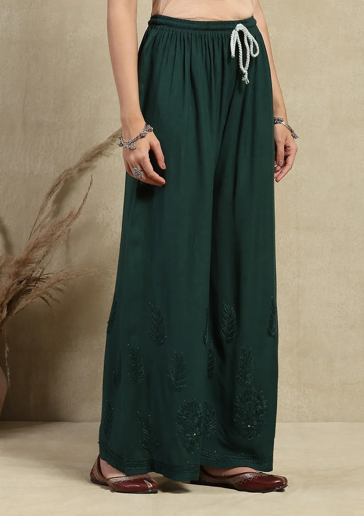 HOC Rayon Chikankari Mukaish Solid Women's 2PC Long Kurta Set - Dark Green - Healthber