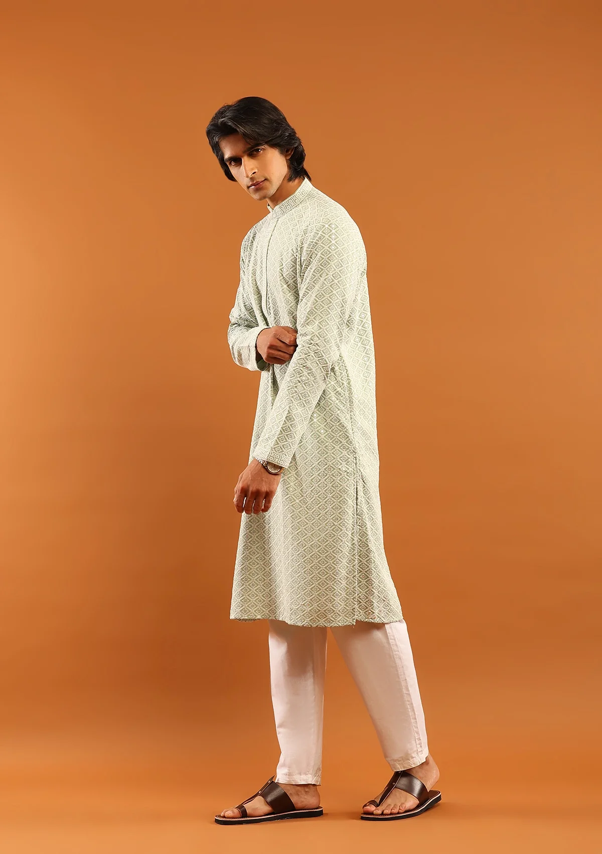 HOC Rayon Embroidered With Sequins Solid Men's Long Kurta- Pista Green - Healthber