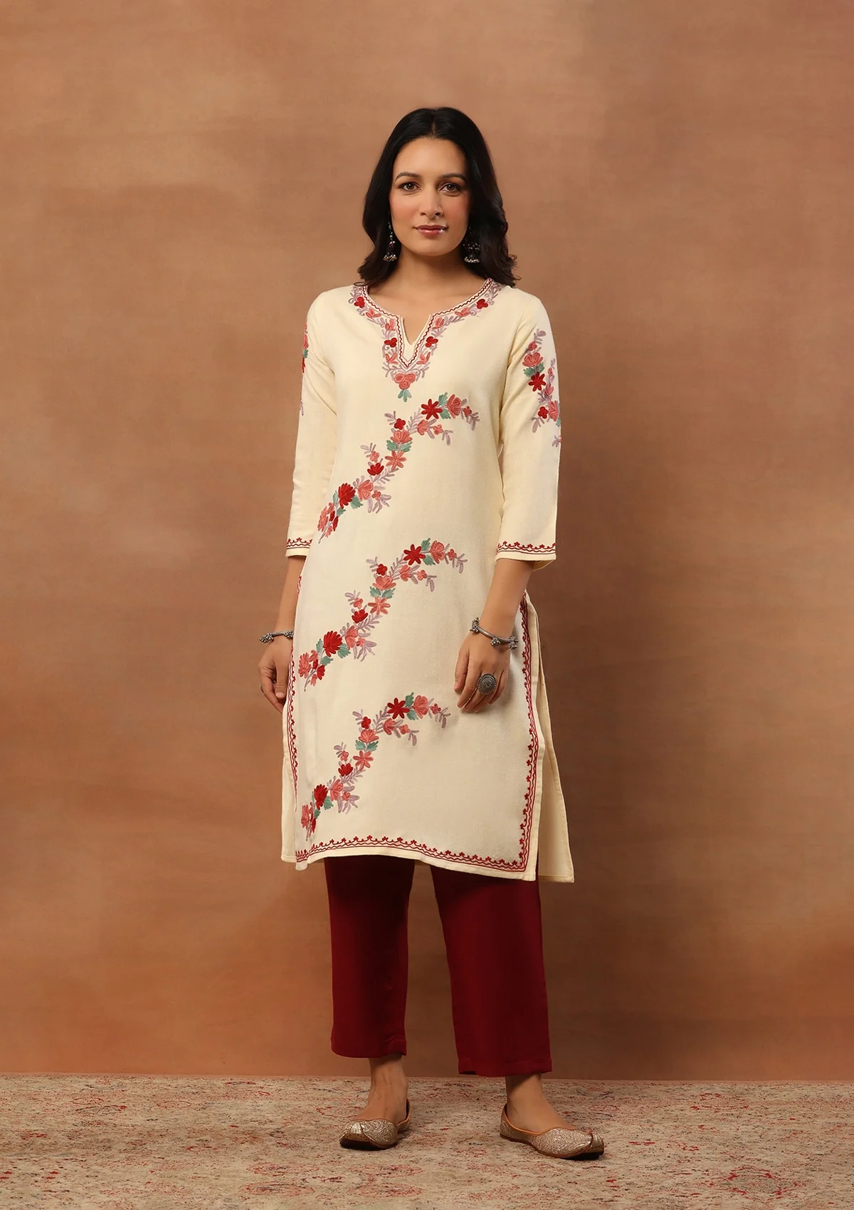 HOC Aari Embroidered Woollen Solid Women's Long Kurta - Cream - Healthber