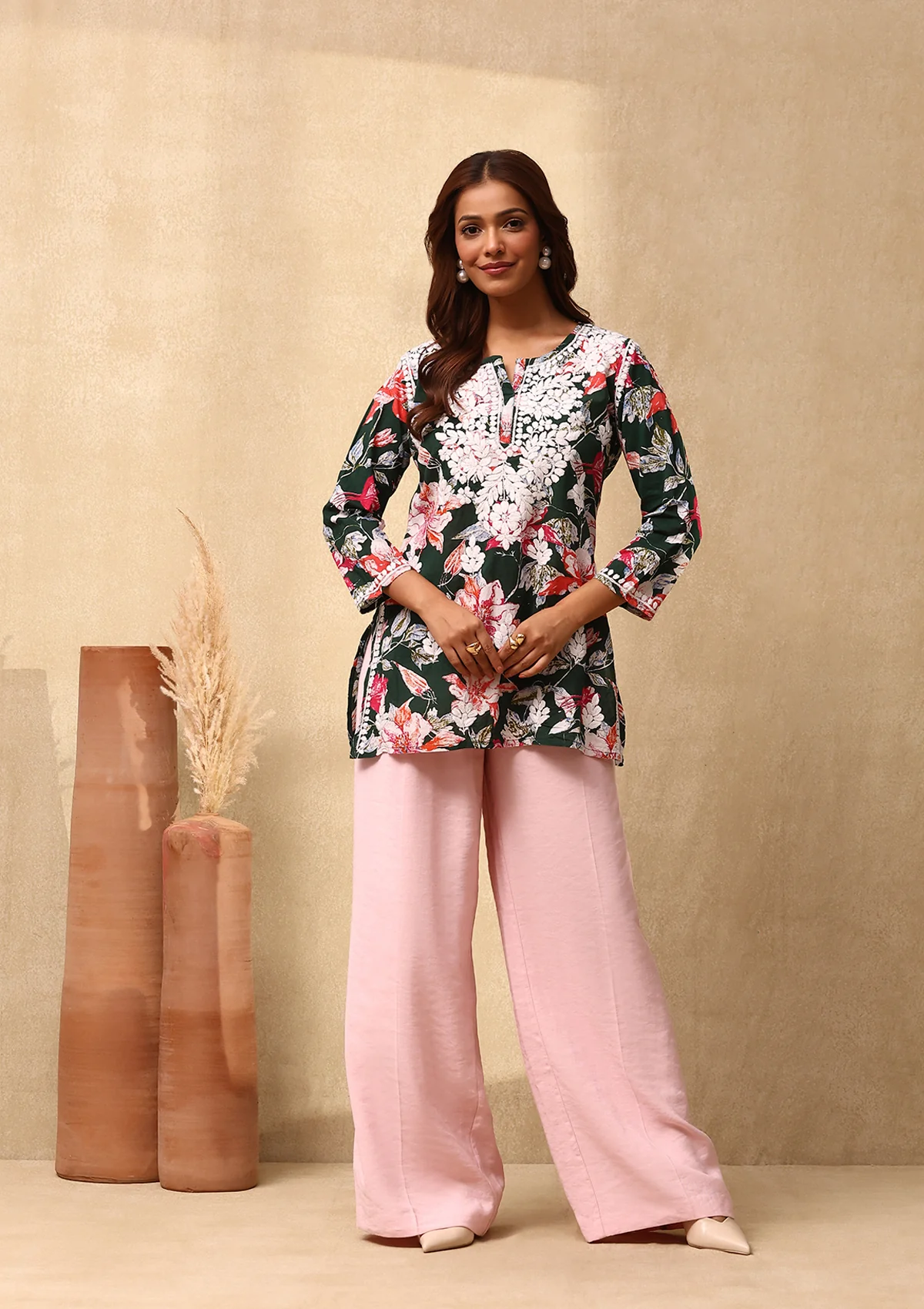 HOC Cotton Chikankari Printed Women's Short Kurta - Green - Healthber