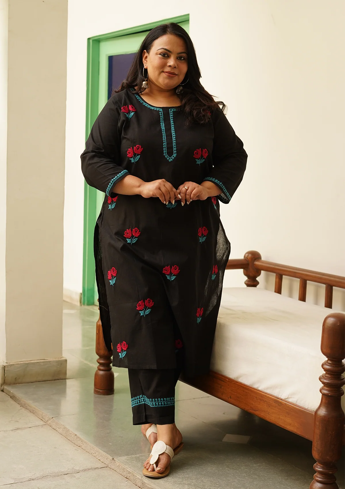 HOC Cotton Chikankari Solid Women's 2PC Long Kurta Set  - Black - Healthber