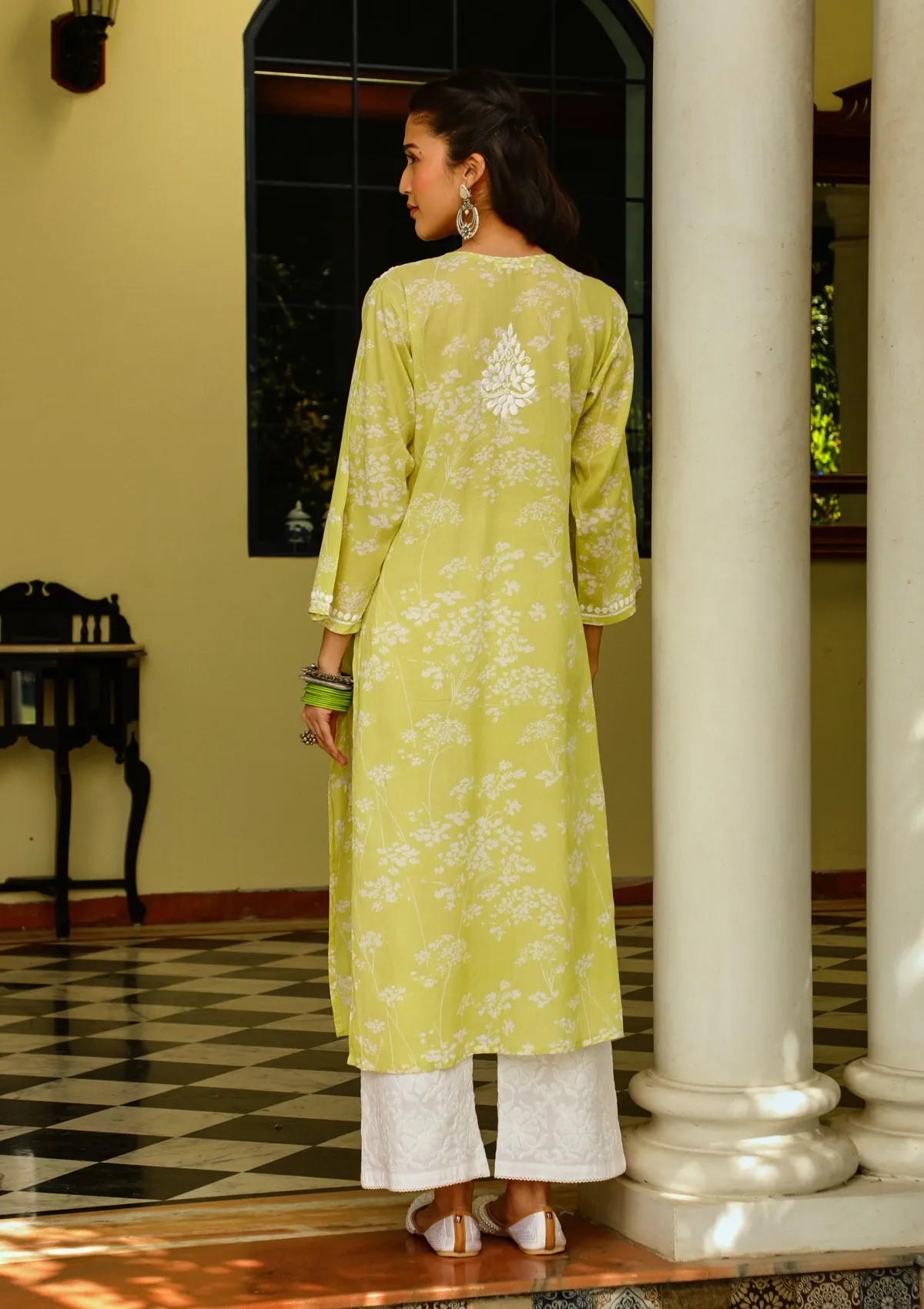 HOC Zainab Chikankari Mulmul Printed Straight Kurta -Green - Healthber