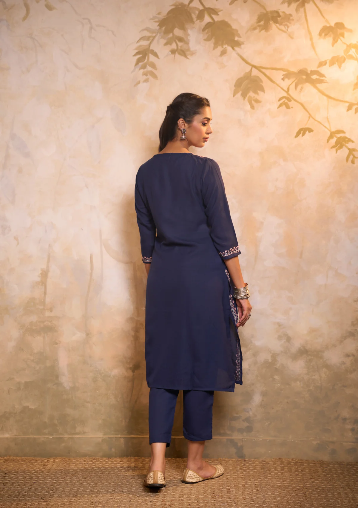 HOC Cotton Embroidered Aari With Zari Work Solid Women's 2 PC Long Kurta Set - Navy Blue - Healthber