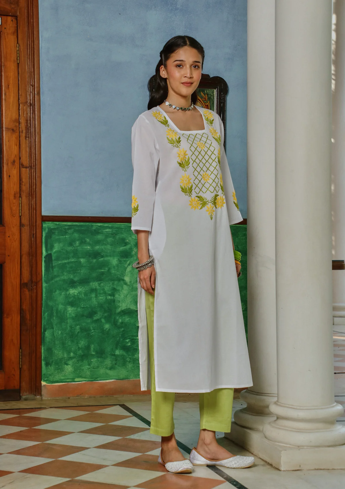 HOC Cotton Chikankari Solid Women's Long Kurta - White - Healthber