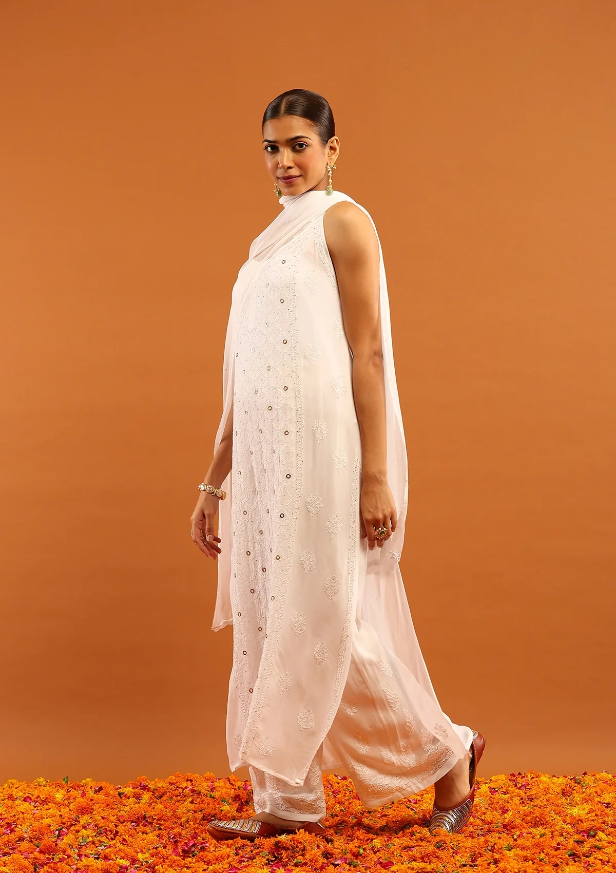 HOC Viscose Georgette Chikankari Mukaish & Kamdani Solid Women's 3 PC Long Kurta Set-White - Healthber