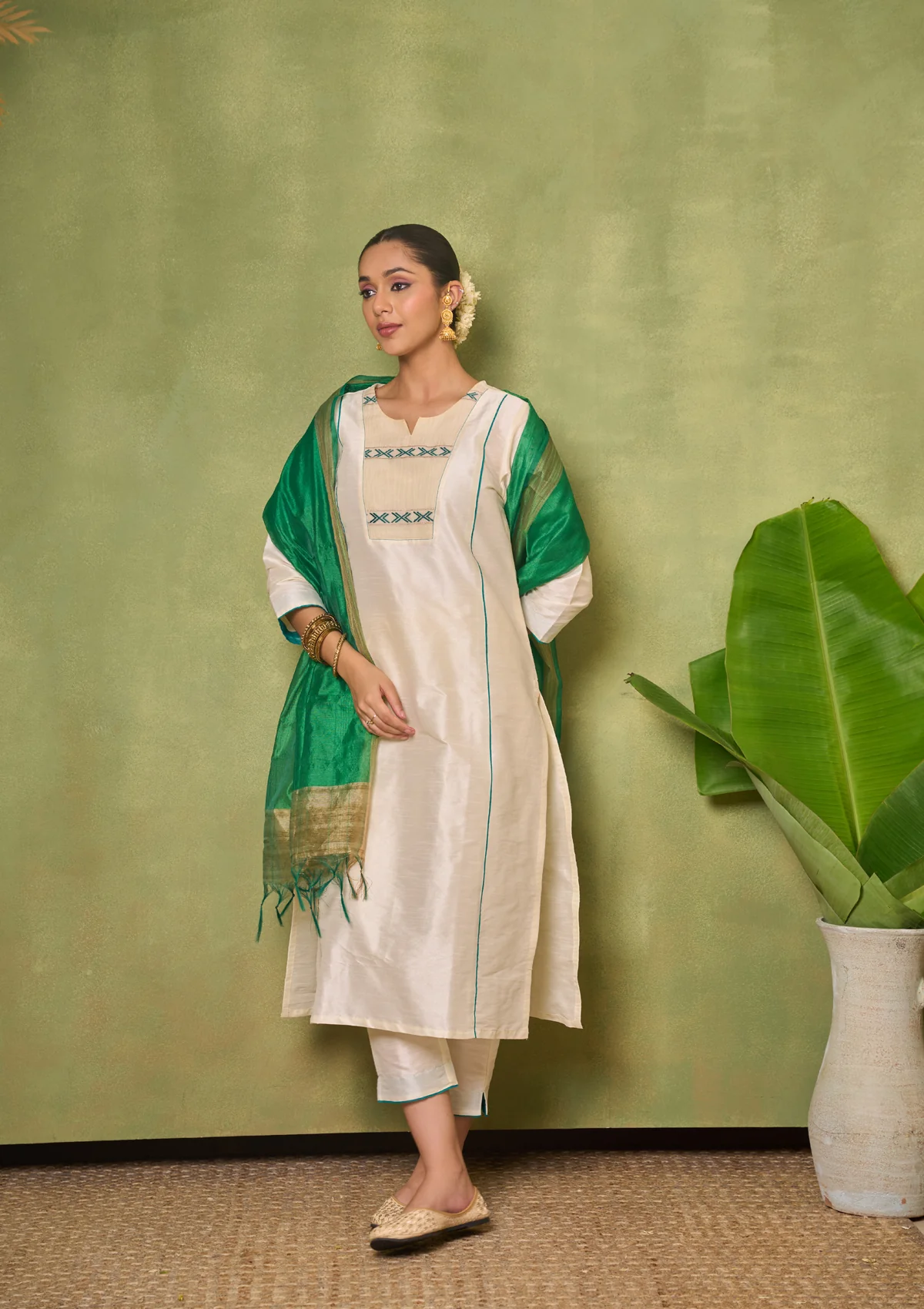 HOC Silk Blend Solid Women's 3 PC Long Kurta Set - Cream - Healthber