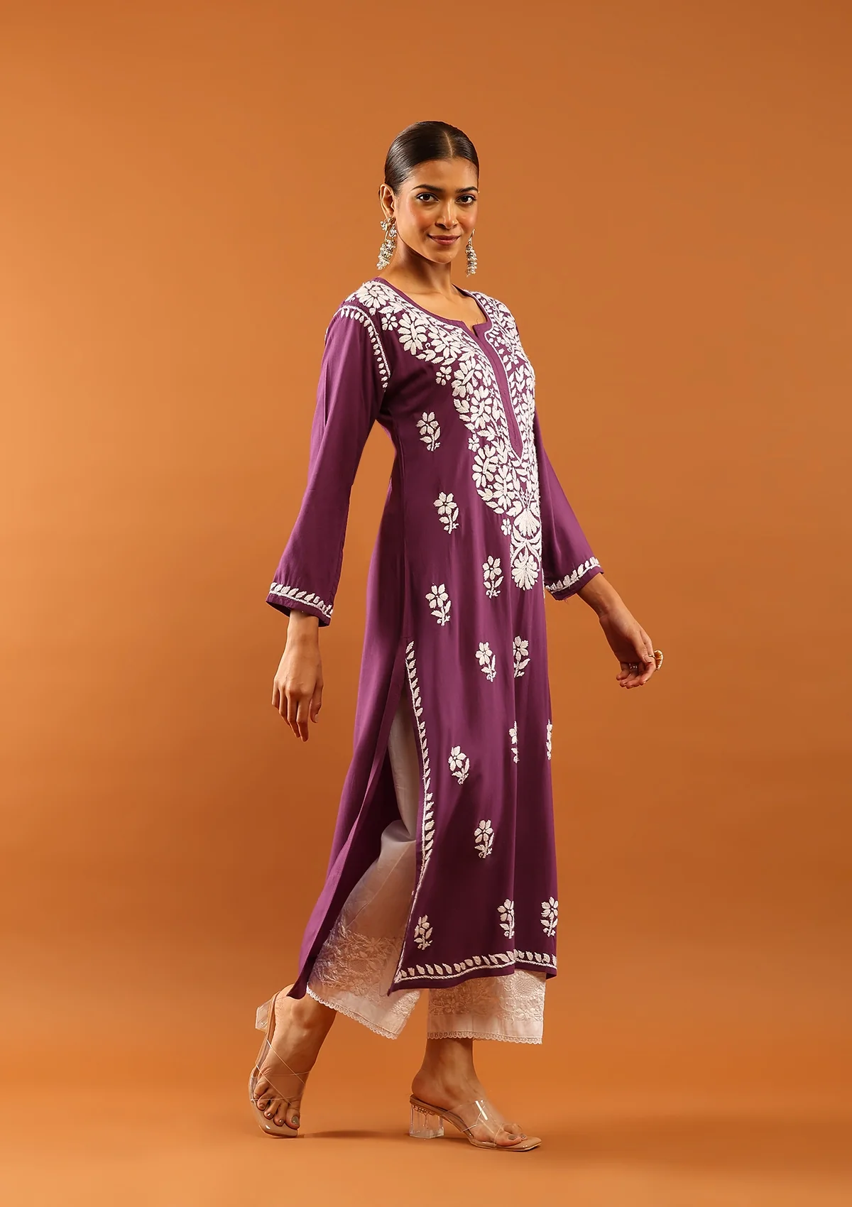 HOC Rayon Chikankari Solid Women's Long Kurta -Dark Purple - Healthber