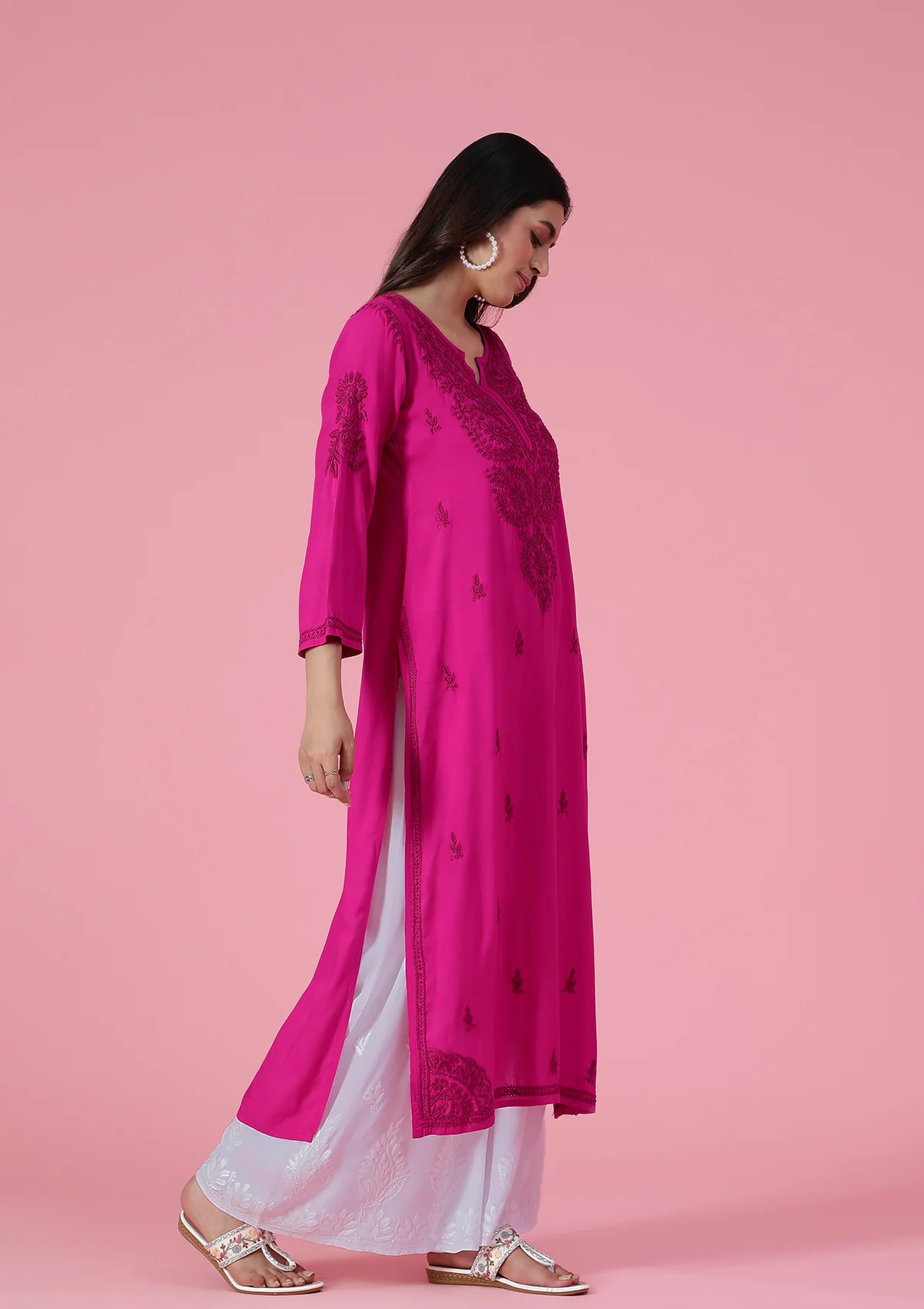 HOC Rayon Chikankari Solid Women's Long Kurta - Pink - Healthber