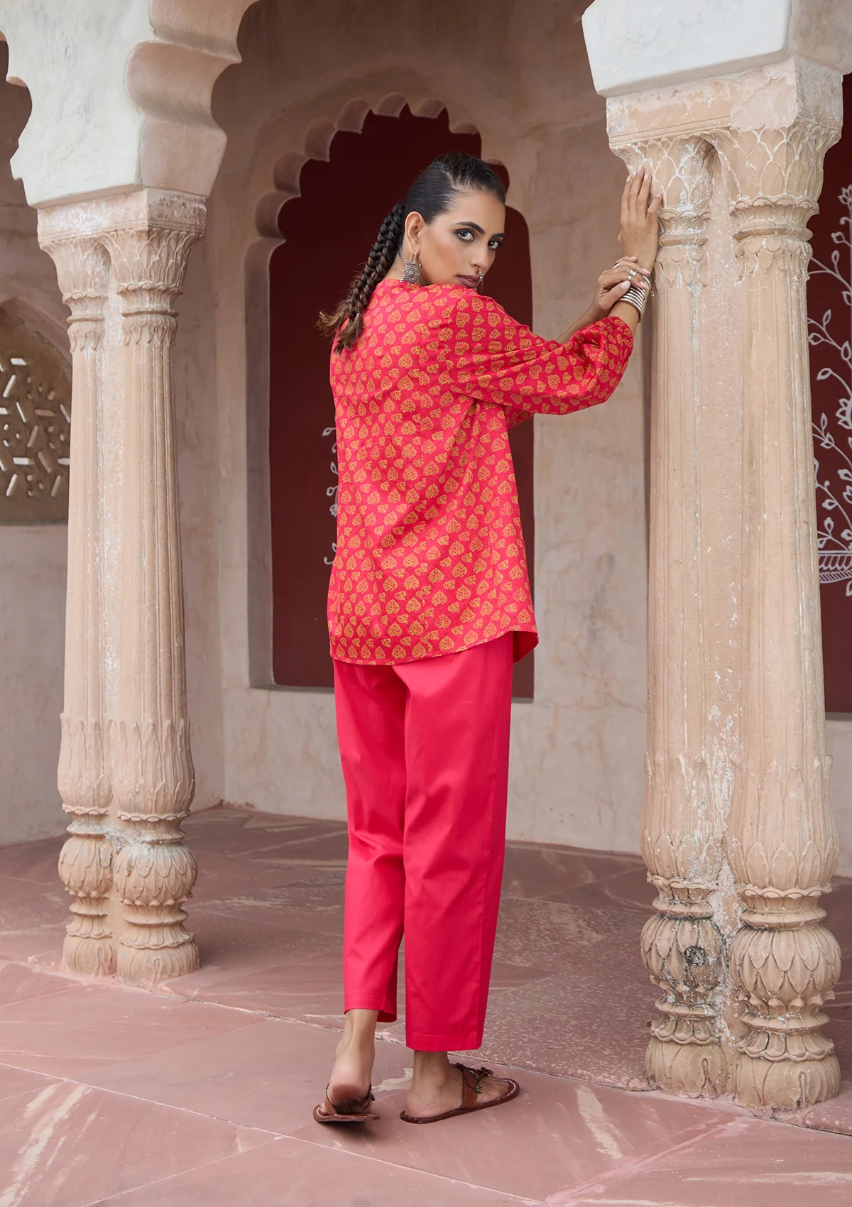 HOC Glazed Cotton Hand Block Printed with Hand Embroidery Women's 2 PC Co-ord Set - Pink - Healthber