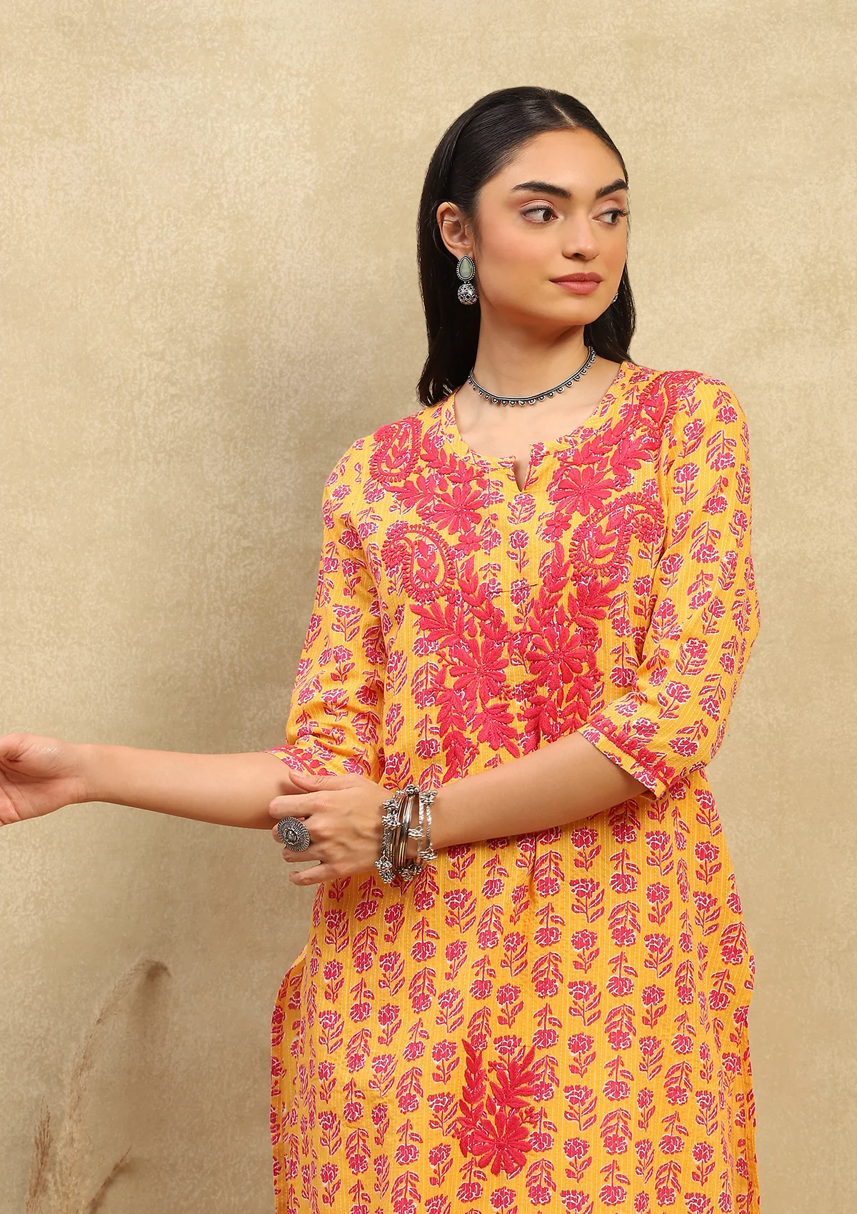 HOC Cotton Chikankari Printed Women's Long Kurta - Mustard Yellow - Healthber