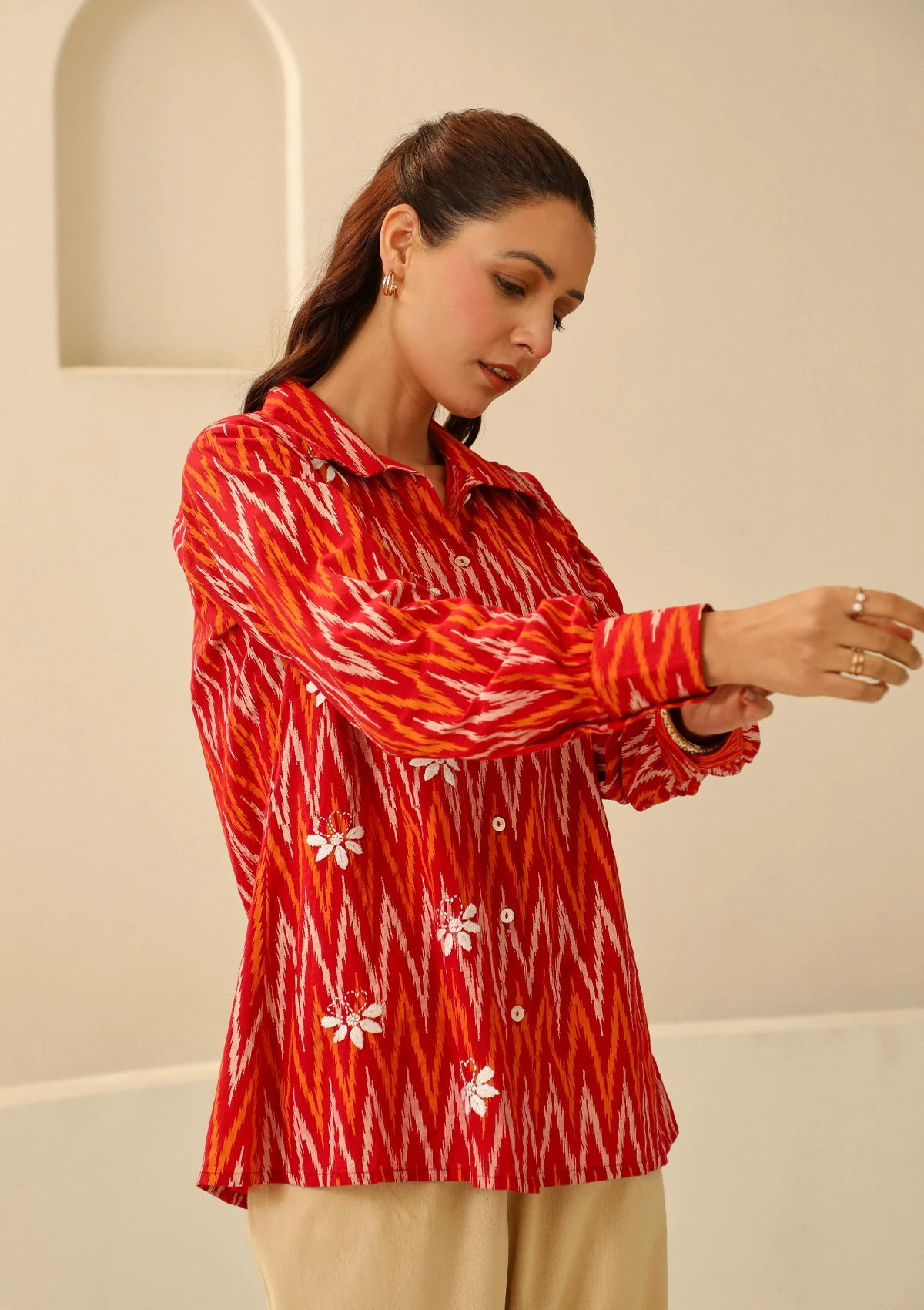 HOC Cotton Chikankari Printed Women's Shirt - Red - Healthber