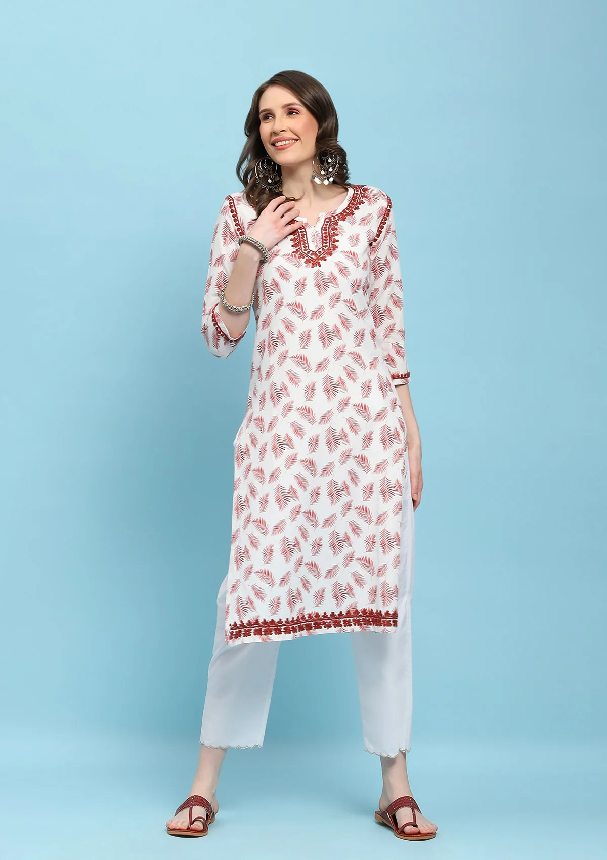 HOC Linen Blend Chikankari Printed Women's Long Kurta - White - Healthber