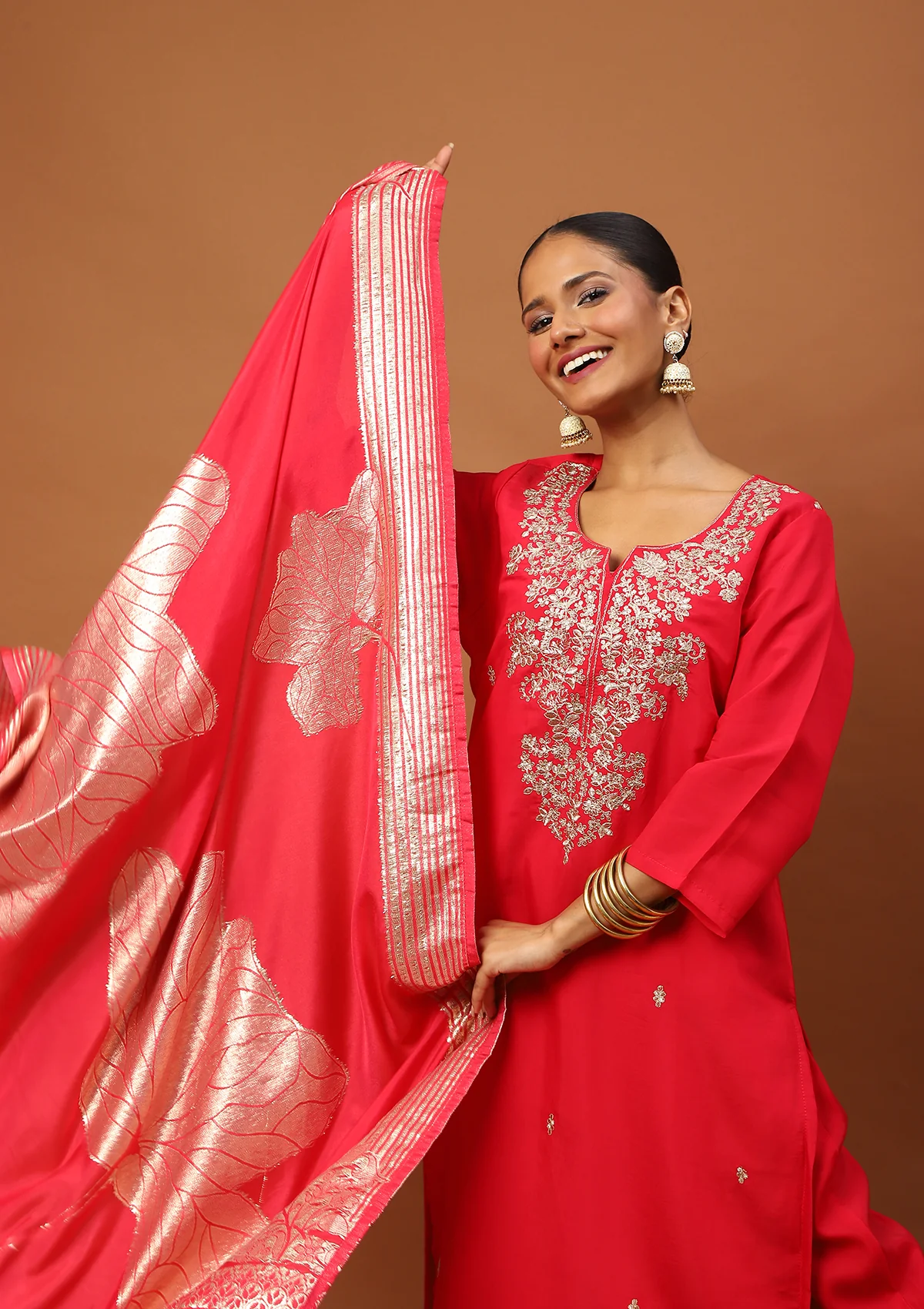 HOC Silk Blend Zari Embroidered With Sequins Solid Women's 3 PC Straight Kurta Set-Rose Pink - Healthber