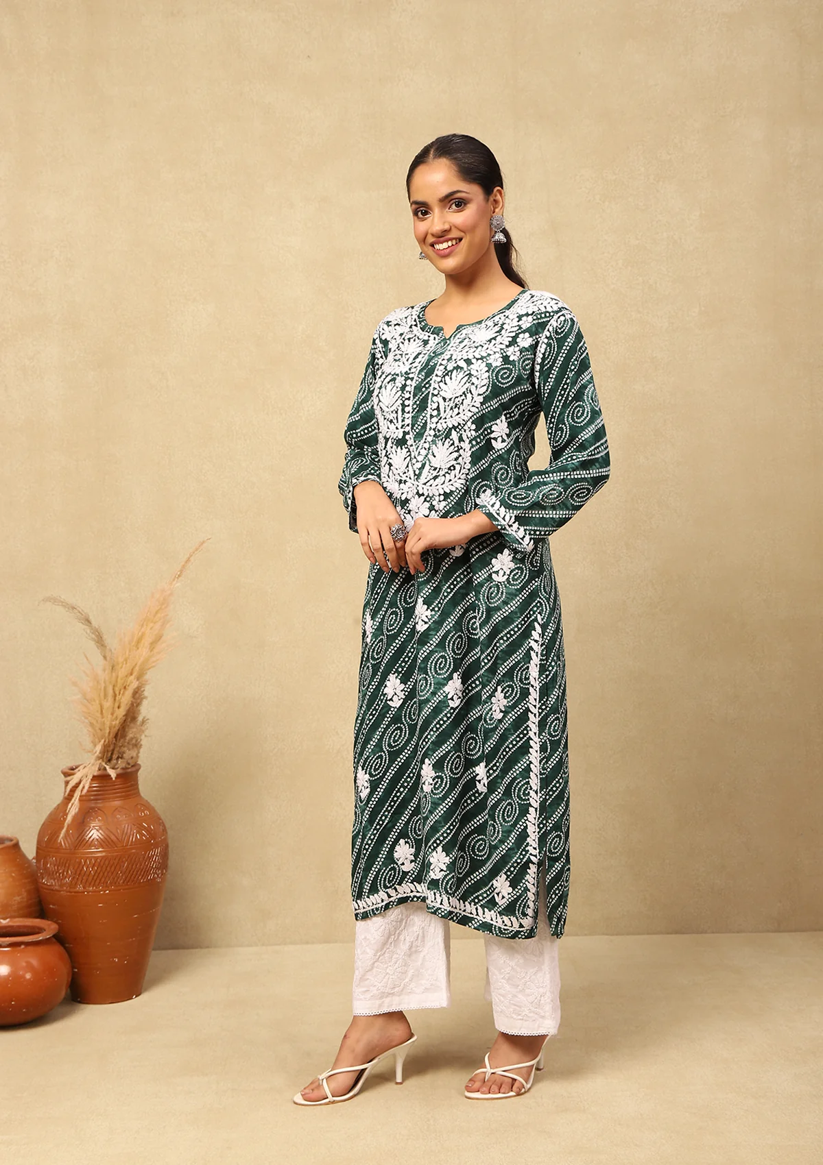 HOC Rayon Chikankari Bandhani Printed Women's Long Kurta-Green - Healthber