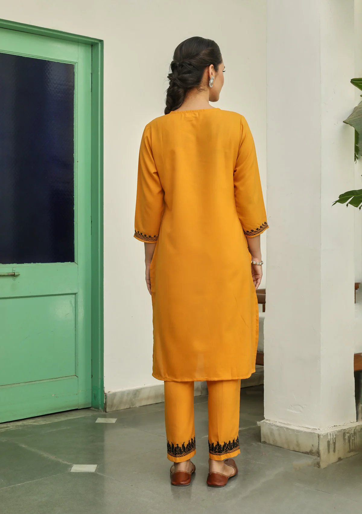 HOC Aari Embroidered Cotton Solid Women's 2PC Long Kurta Set - Mustard - Healthber