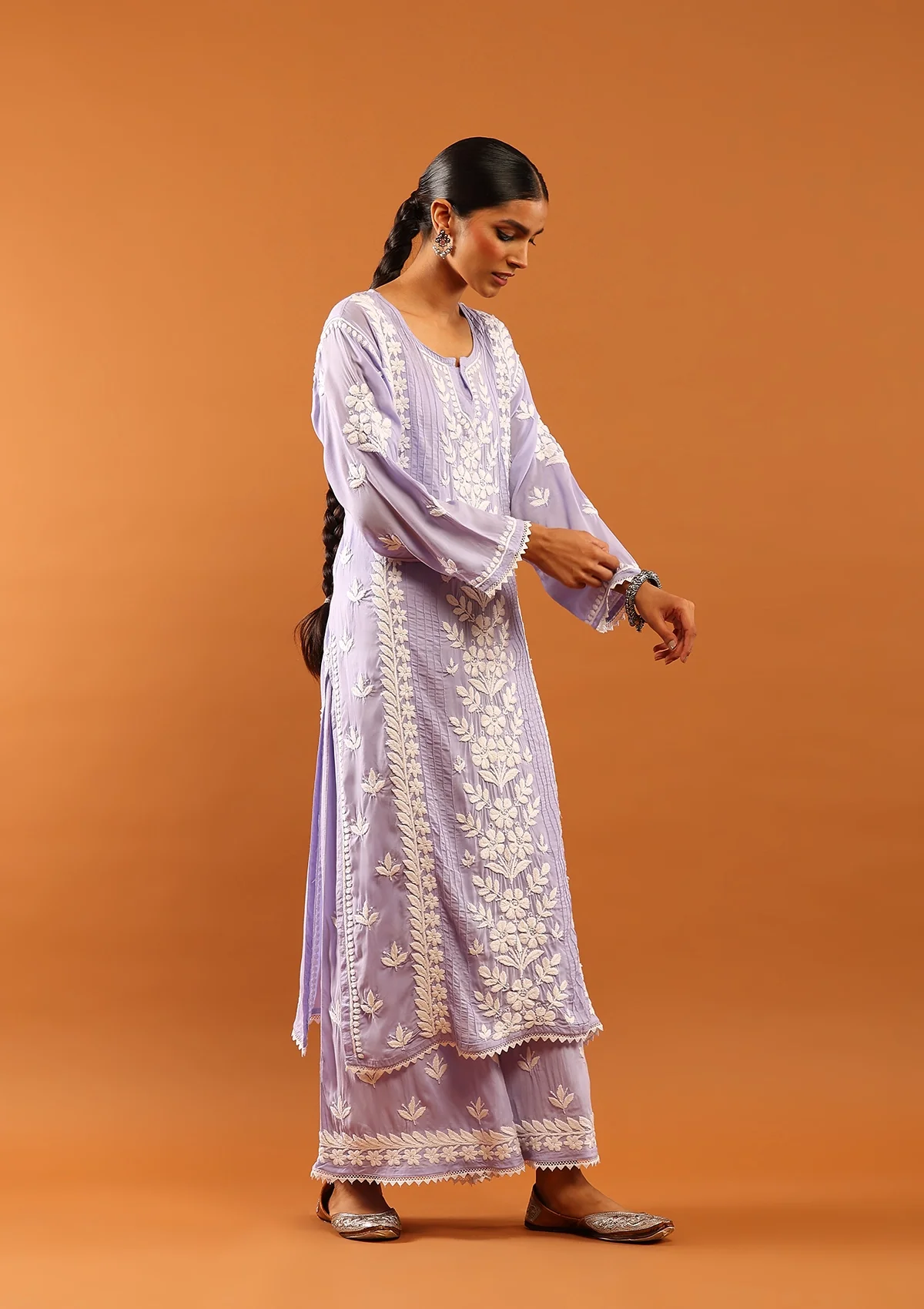 HOC Modal Chikankari Solid Women's 2 PC Long Kurta Set with Lace -Lavender - Healthber
