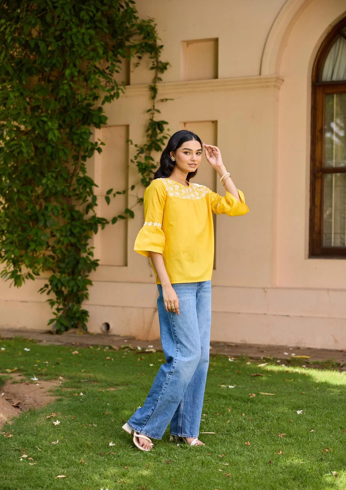 HOC Cotton Chikankari Solid Women's Top - Yellow - Healthber