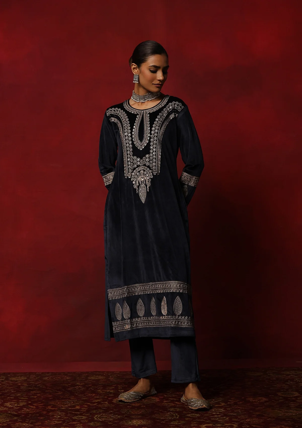HOC Velvet Embroidered & Embellished Solid Women's 3 PC Kurta Set- Navy Blue - Healthber