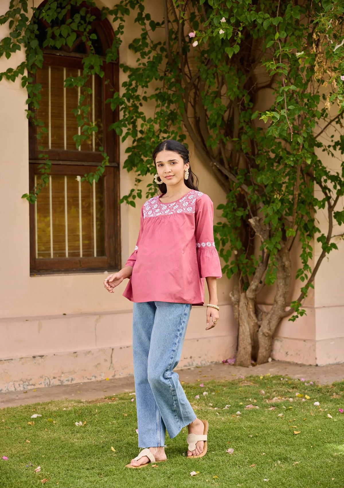 HOC Cotton Chikankari Solid Women's Top - Rust Pink - Healthber