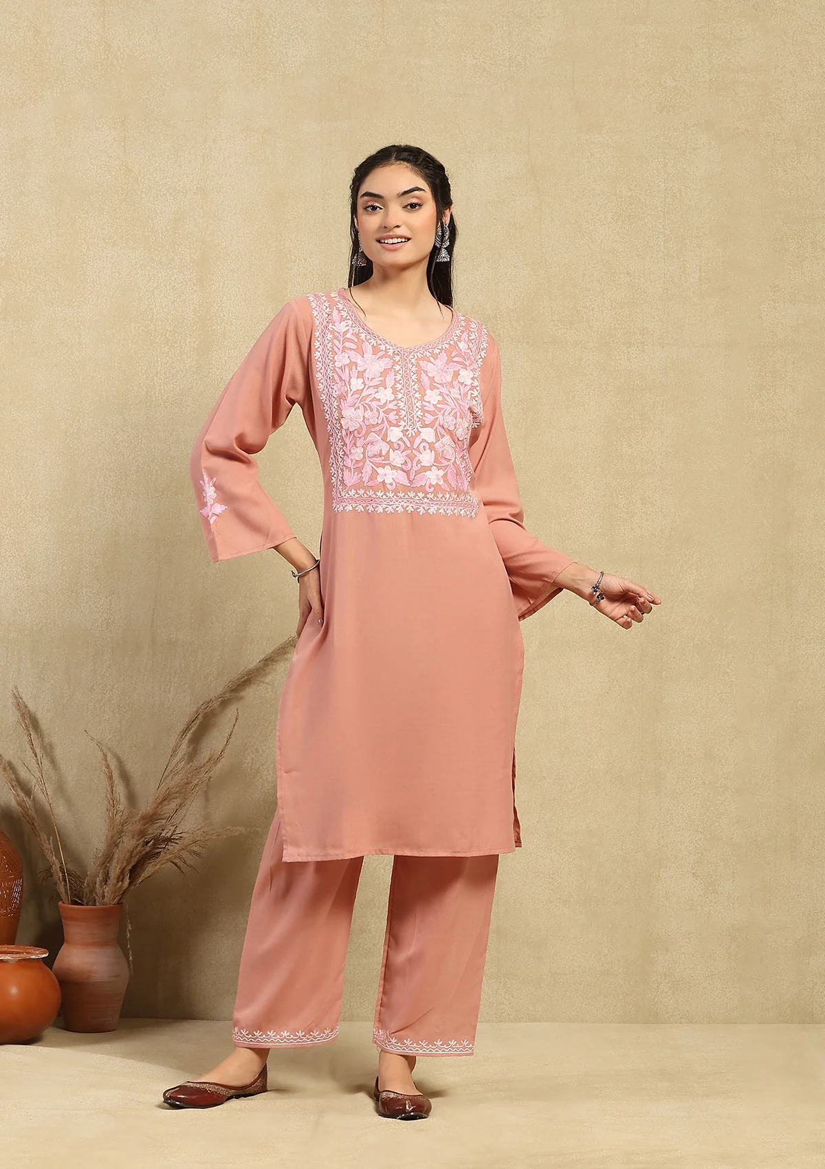 HOC Cotton Aari Embroidered Solid Women's 2 PC Long  Kurta Set - Pink - Healthber