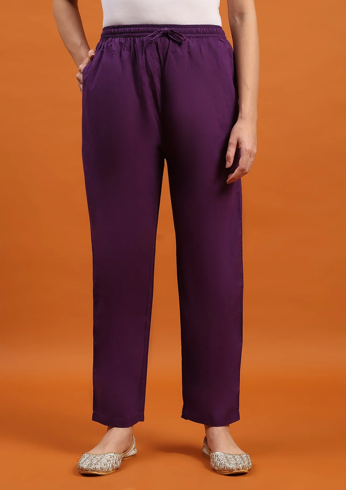 HOC Cotton Solid Women's Pants - Purple - Healthber