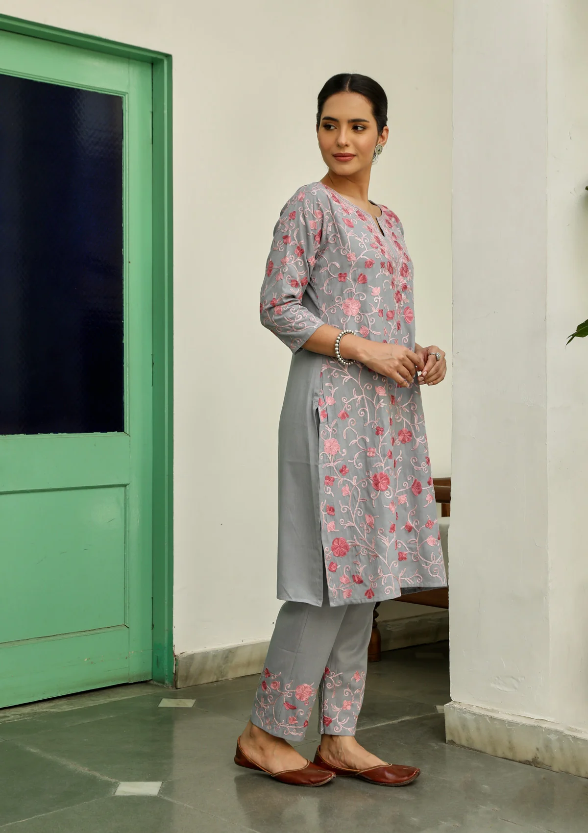 HOC Aari Embroidered Cotton Solid Women's 2PC Long Kurta Set - Grey - Healthber