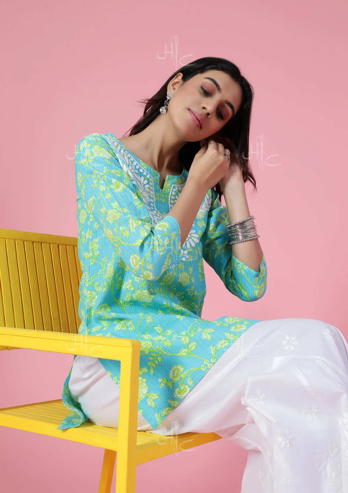 HOC Kantha Cotton Chikankari Printed Women's Short Kurta - Blue - Healthber