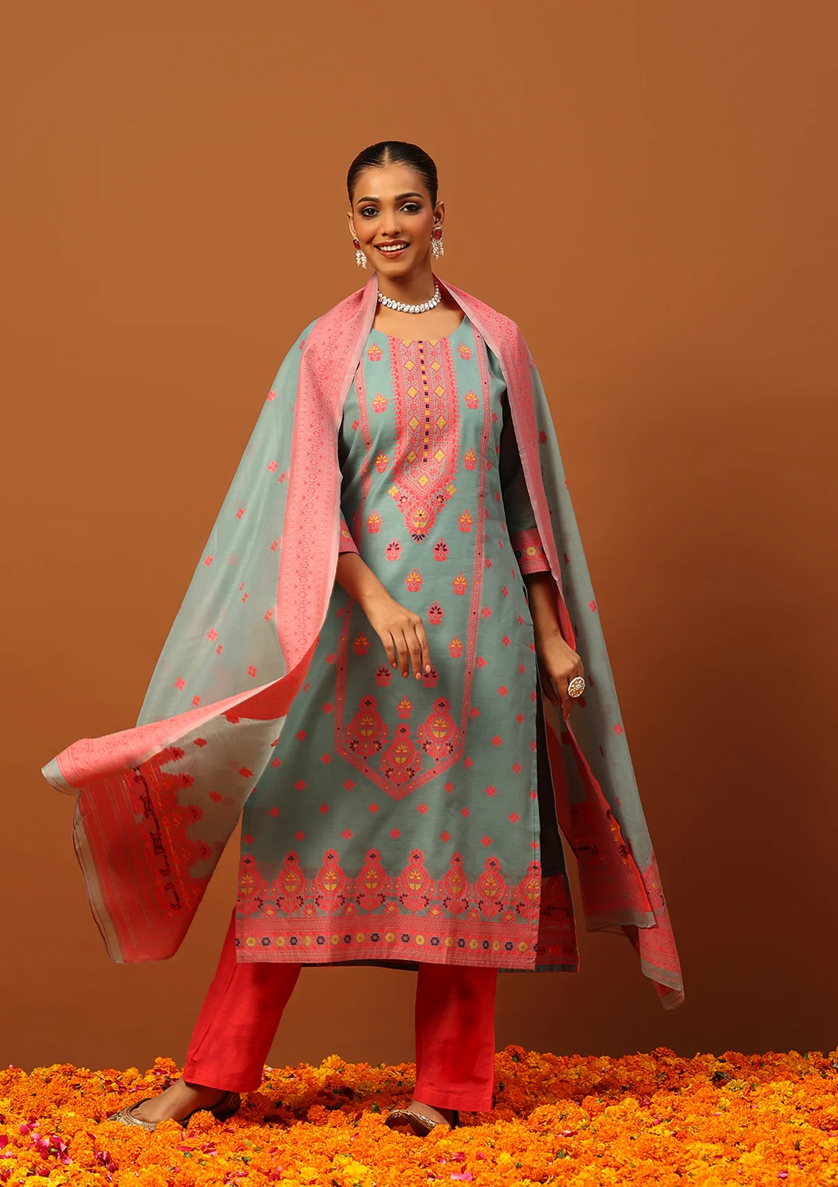 HOC Banarasi Chanderi Hand Weave Women's 3PC Long Kurta Set -Seafoam Green - Healthber