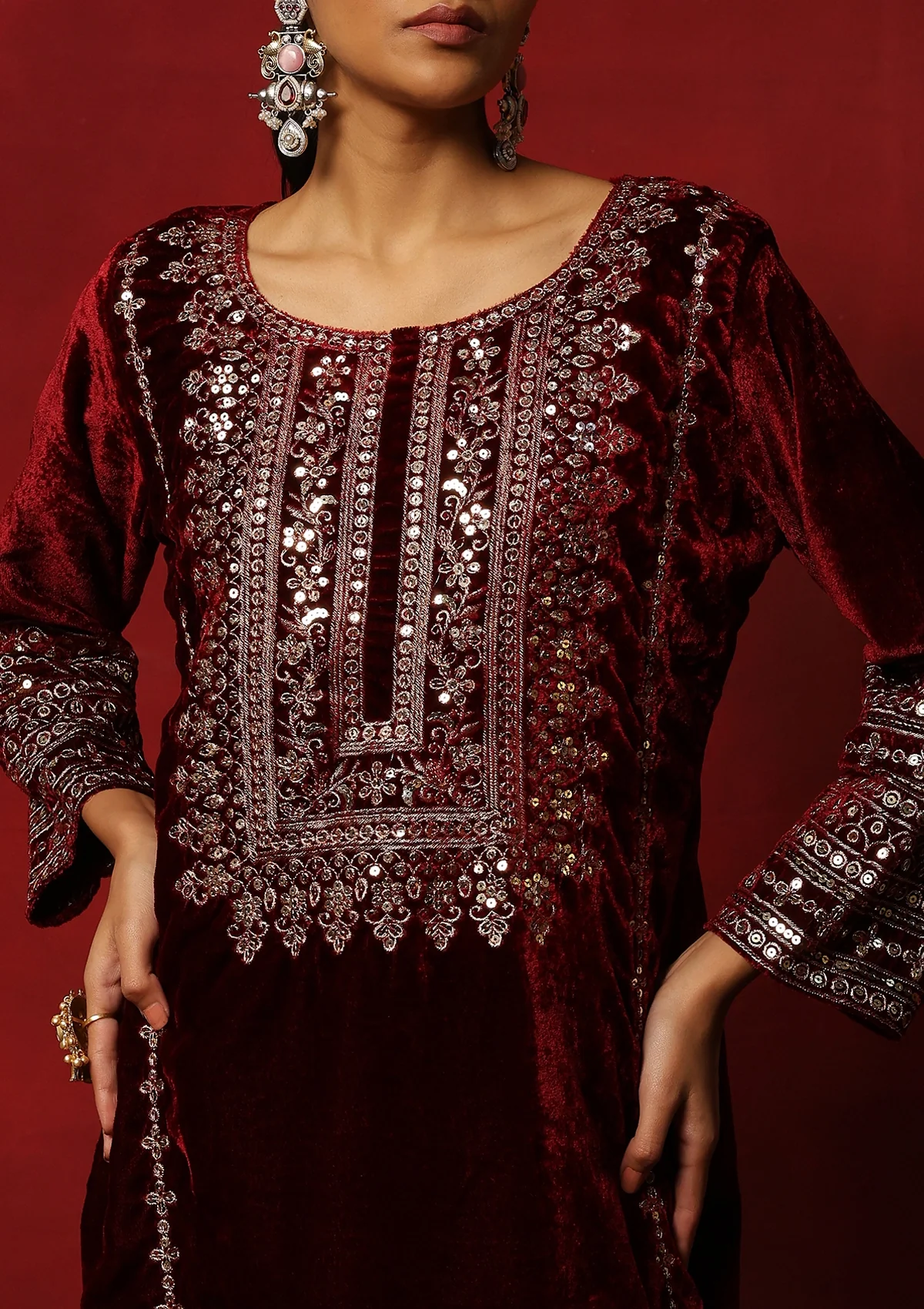 HOC Velvet Zari Embroidered With Sequins Women's Solid 3 PC Kurta Set-Maroon - Healthber
