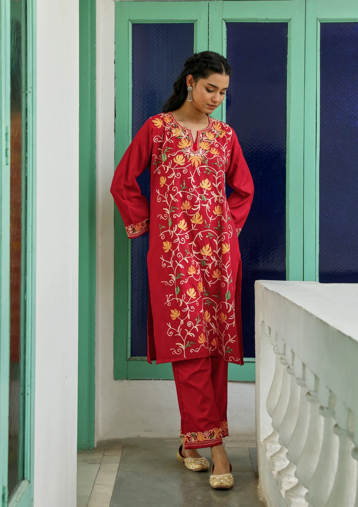 HOC Cotton Aari Embroidered Solid Women's 3 PC Long Kurta Set with Dupatta - Red - Healthber
