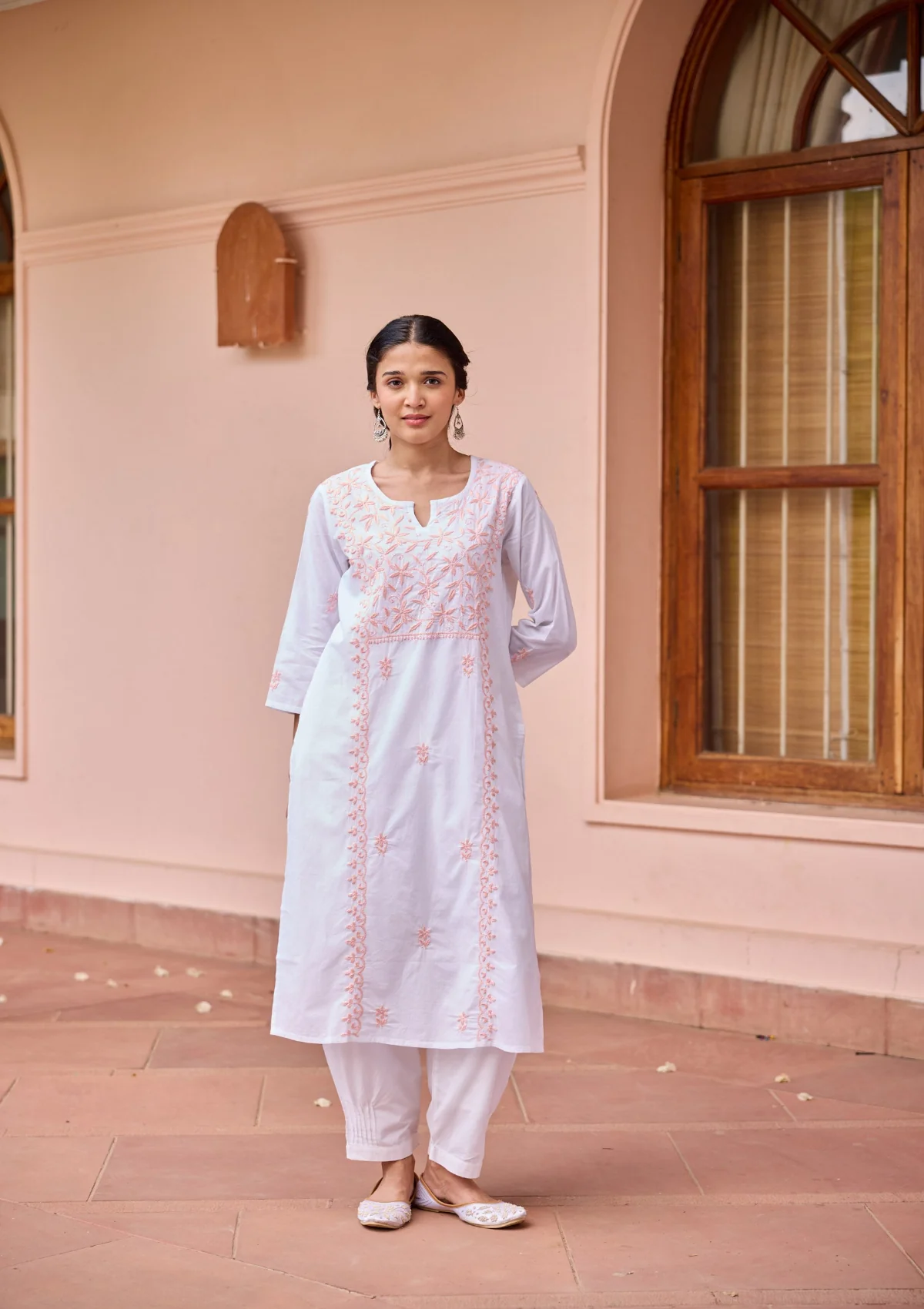 HOC Cotton Chikankari Solid Women's Long Kurta - White - Healthber