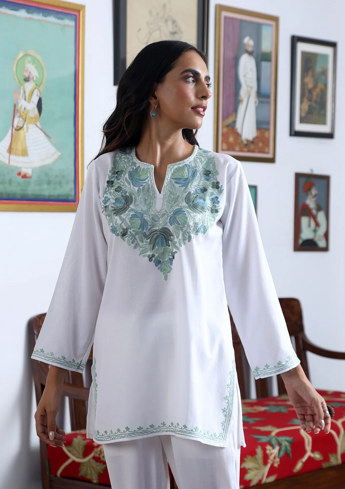 HOC Aari Embroidered Cotton Solid Women's Short Kurta - White - Healthber