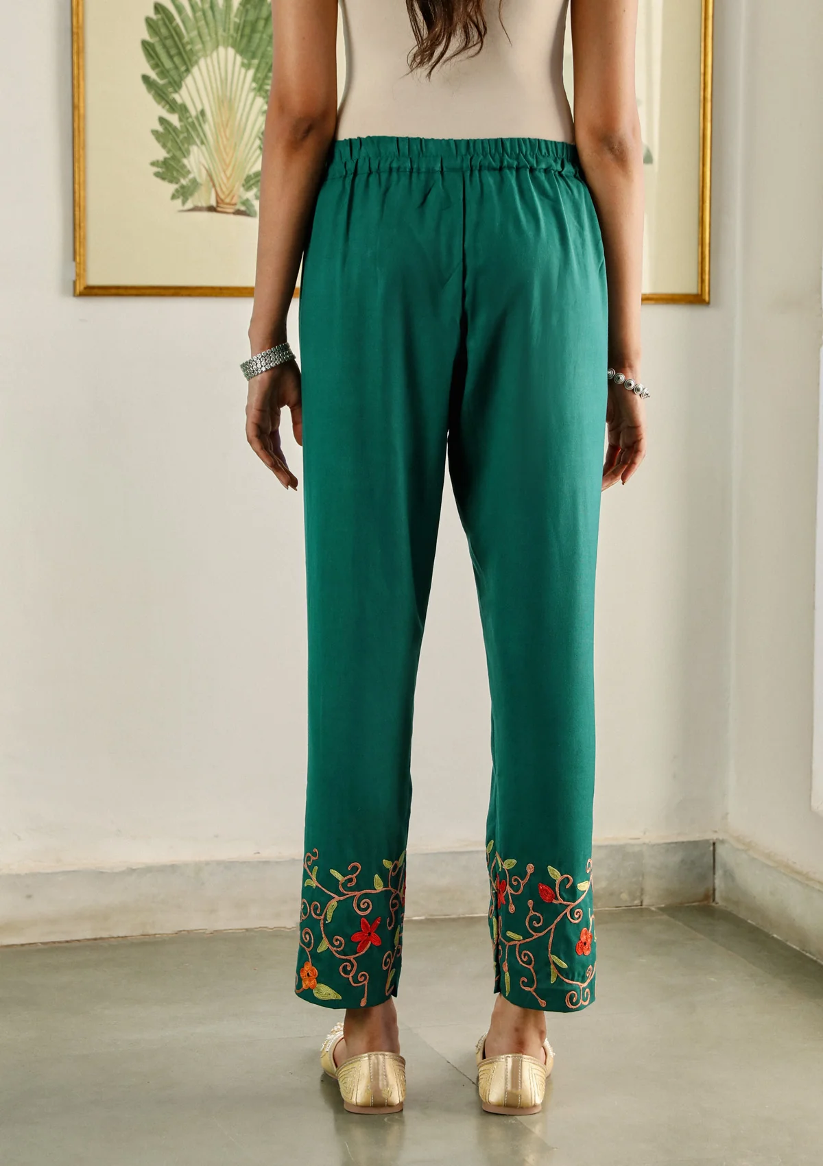 HOC Aari Embroidered Cotton Solid Women's 2PC Long Kurta Set - Teal Green - Healthber