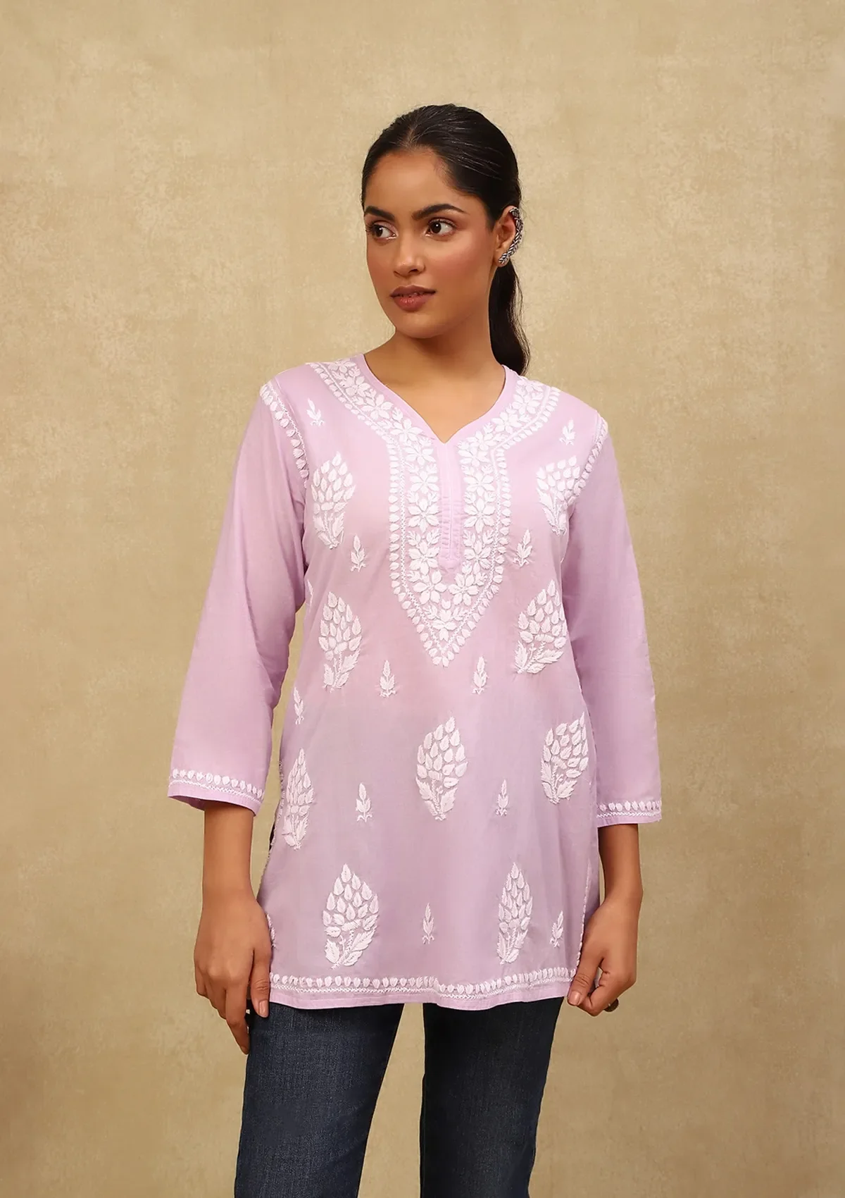 HOC Cotton Chikankari Solid Women's Short Kurta - Purple - Healthber