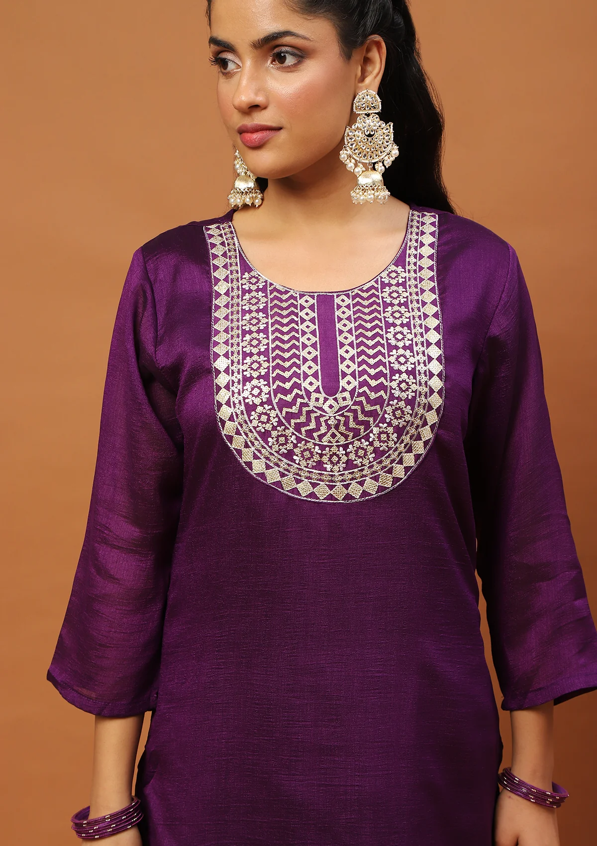 HOC Silk Blend Embroidered With Sequins Solid Women's 3 PC Gharara Kurta Set-Purple - Healthber