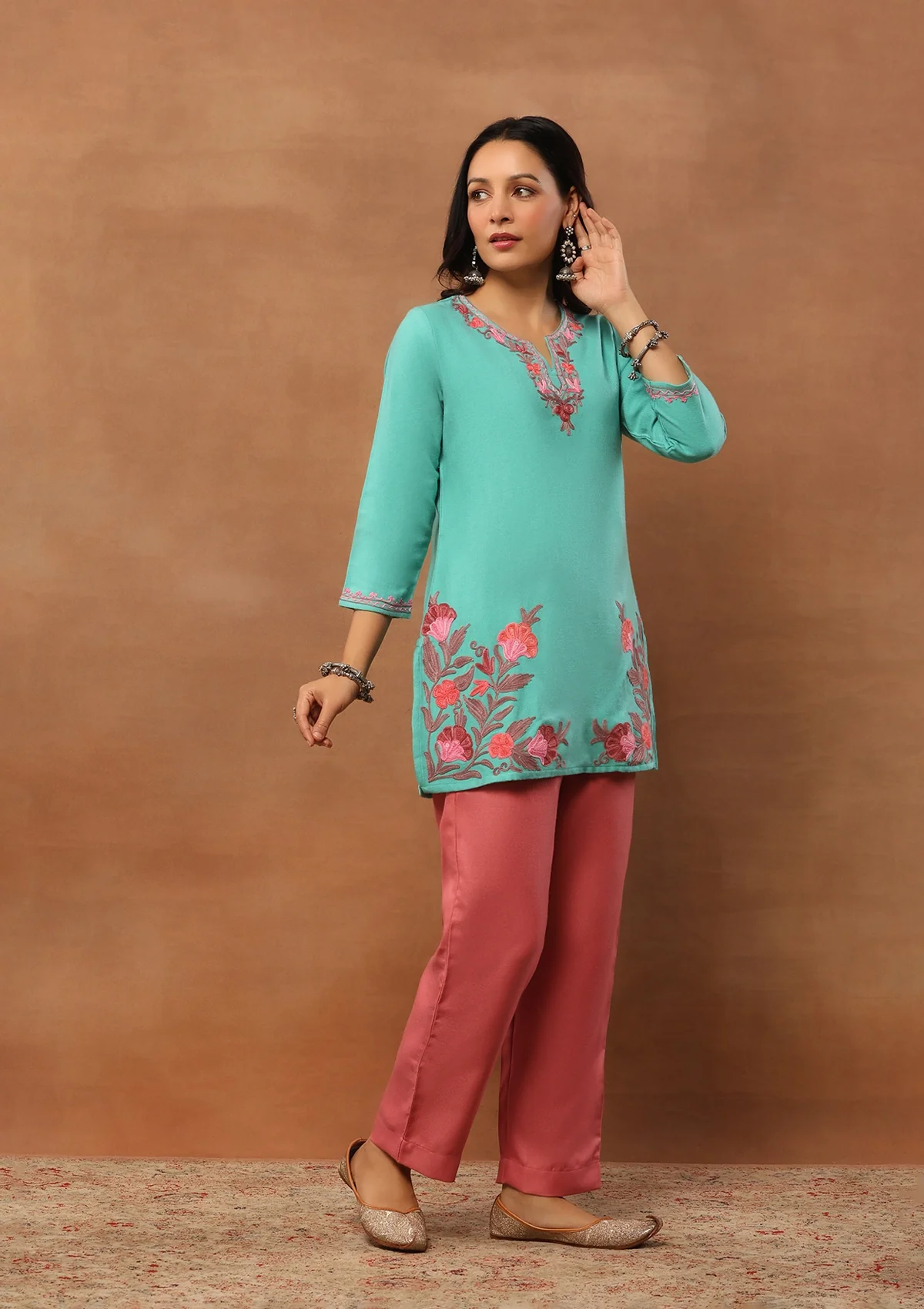 HOC Aari Embroidered Woollen Solid Women's Short Kurta - Turquoise Blue - Healthber