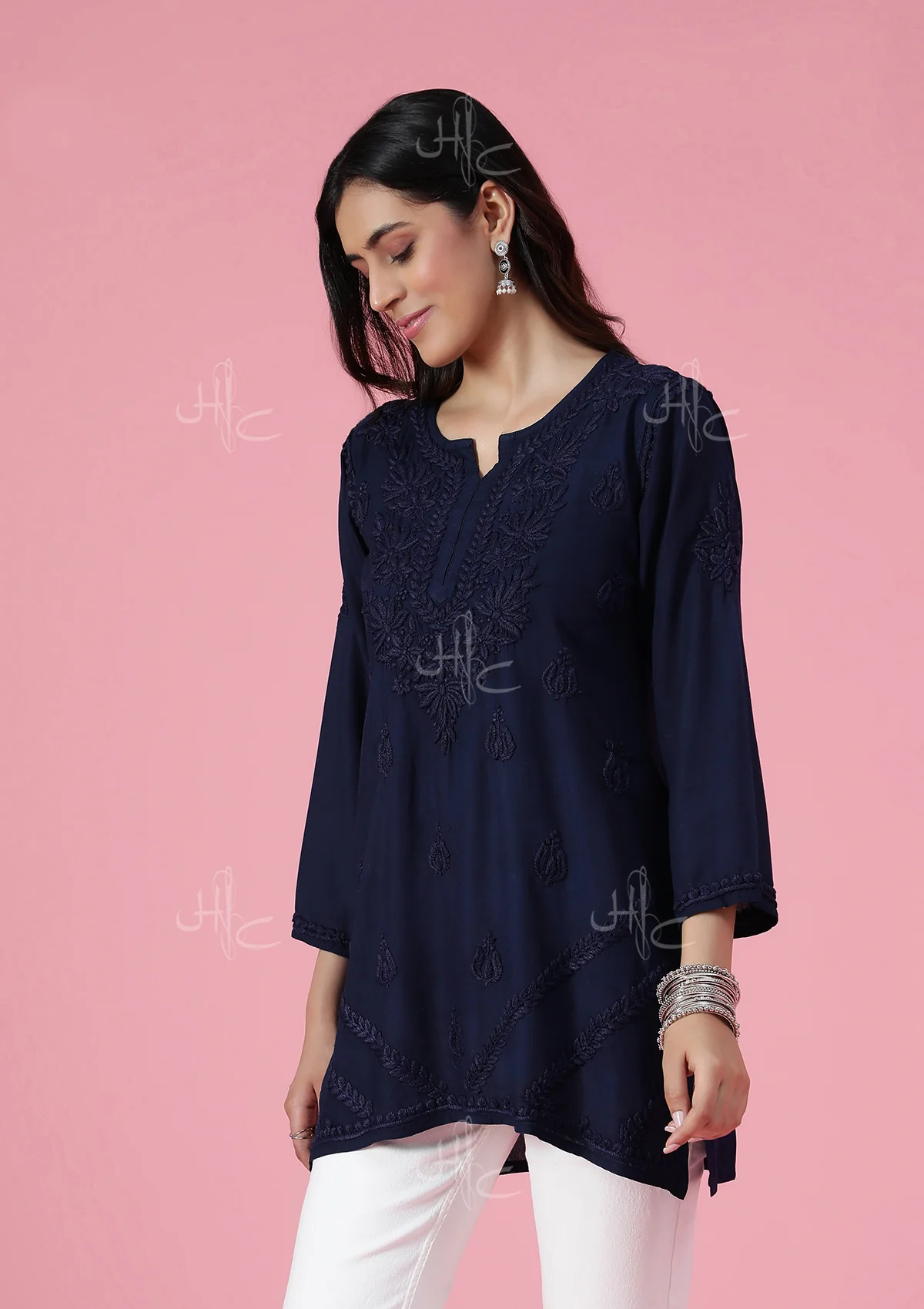 HOC Rayon Chikankari Solid Women's Short Kurta - Navy Blue - Healthber