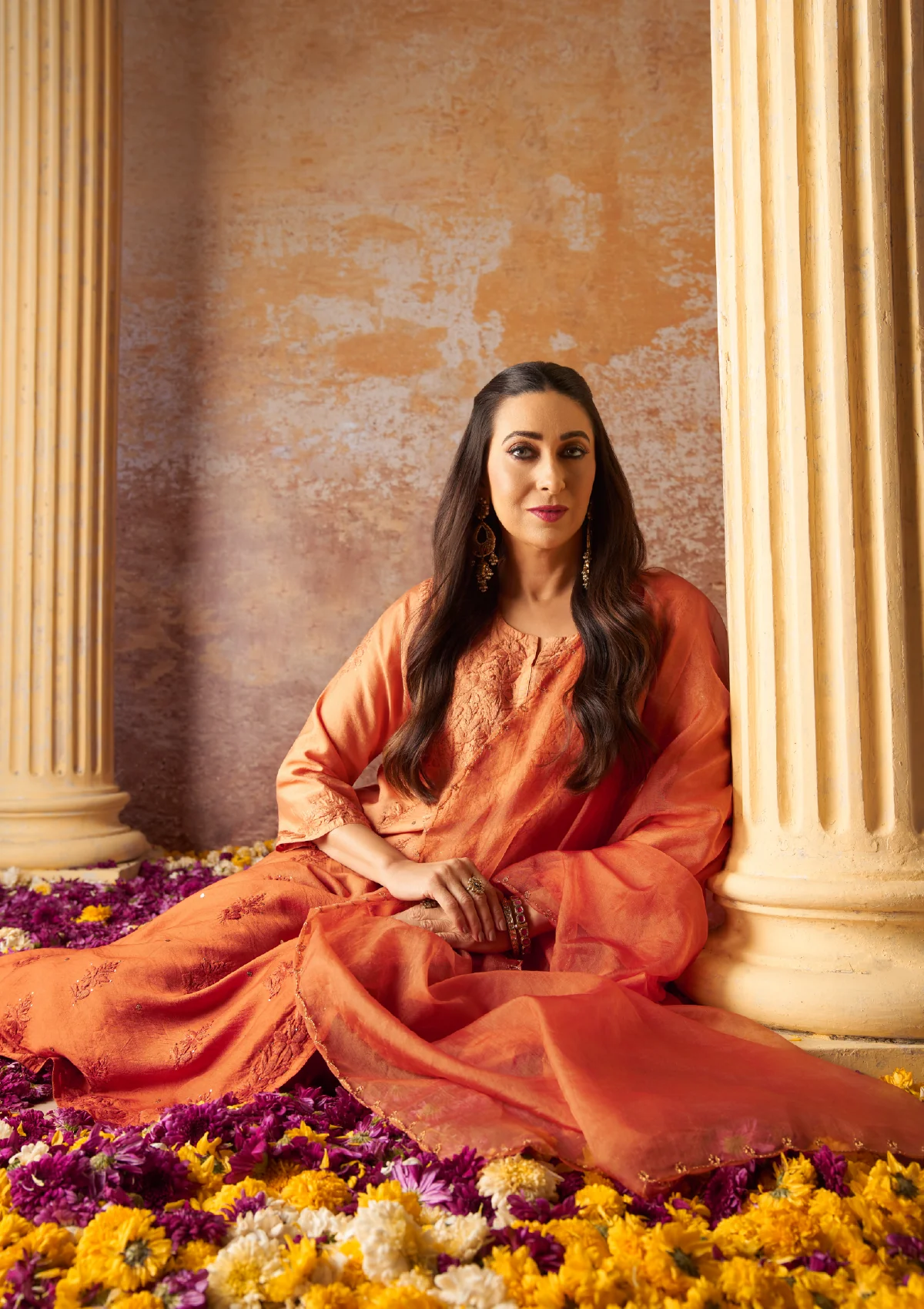 Karisma Chanderi Chikankari Mukaish With Kamdani Work Solid Women's 3 PC Long Kurta Set - Orange - Healthber