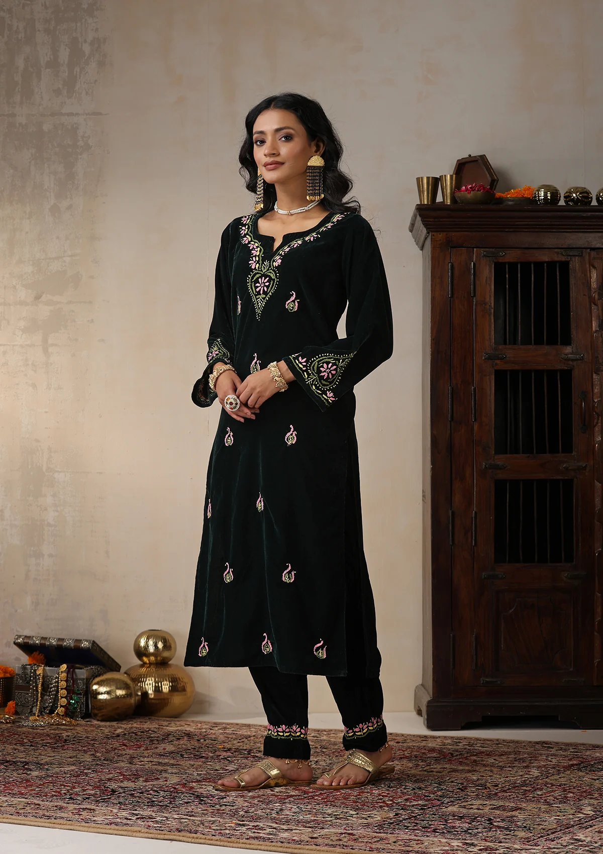 HOC Velvet Chikankari Solid Women's 2 PC Long Kurta Set - Green - Healthber