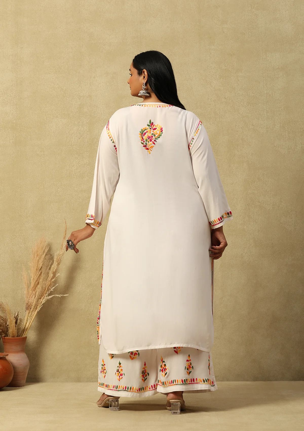 HOC Rayon Chikankari Solid Women's 2 PC Long Kurta Set-White - Healthber